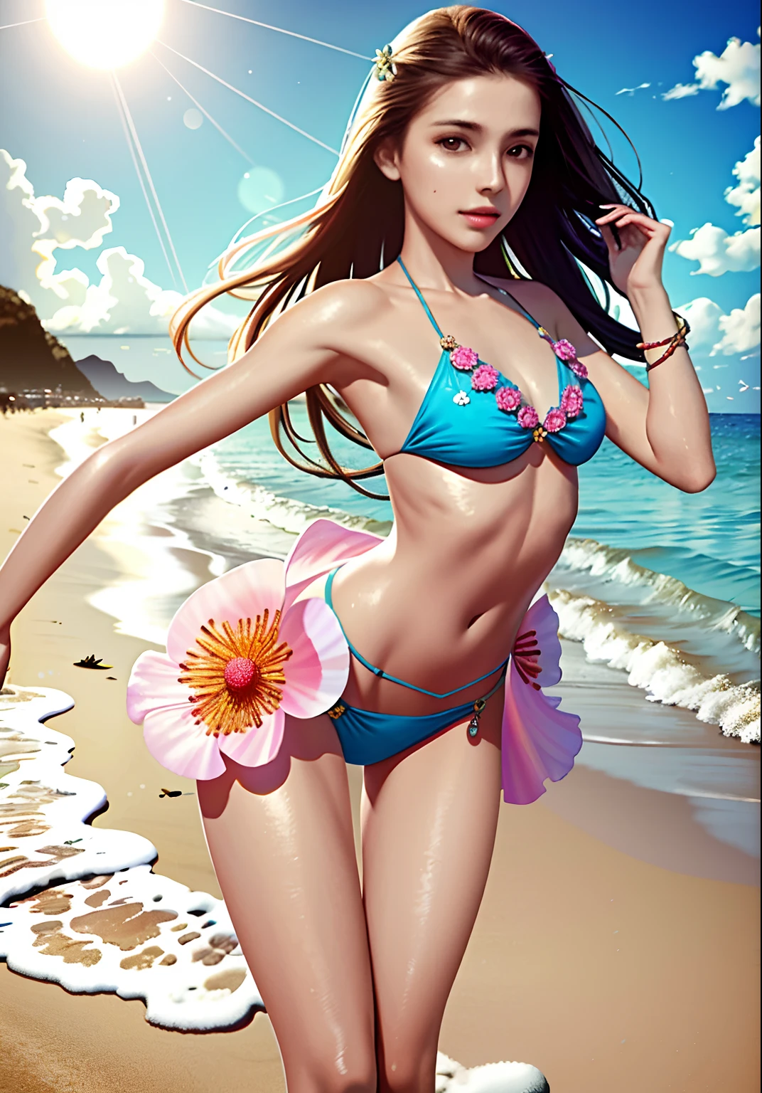 masterpiece, best quality, realistic, 1girl,  (PureErosFace_V1:0.7), hair ornament,(small breasts), sea, sand, flowers, sunshine, colorful, smile,(bikini),miniskirt, bikini skirt,beach,thin waist,narrow waist,ribbons,ass views,dynamic pose,paw pose,from below,