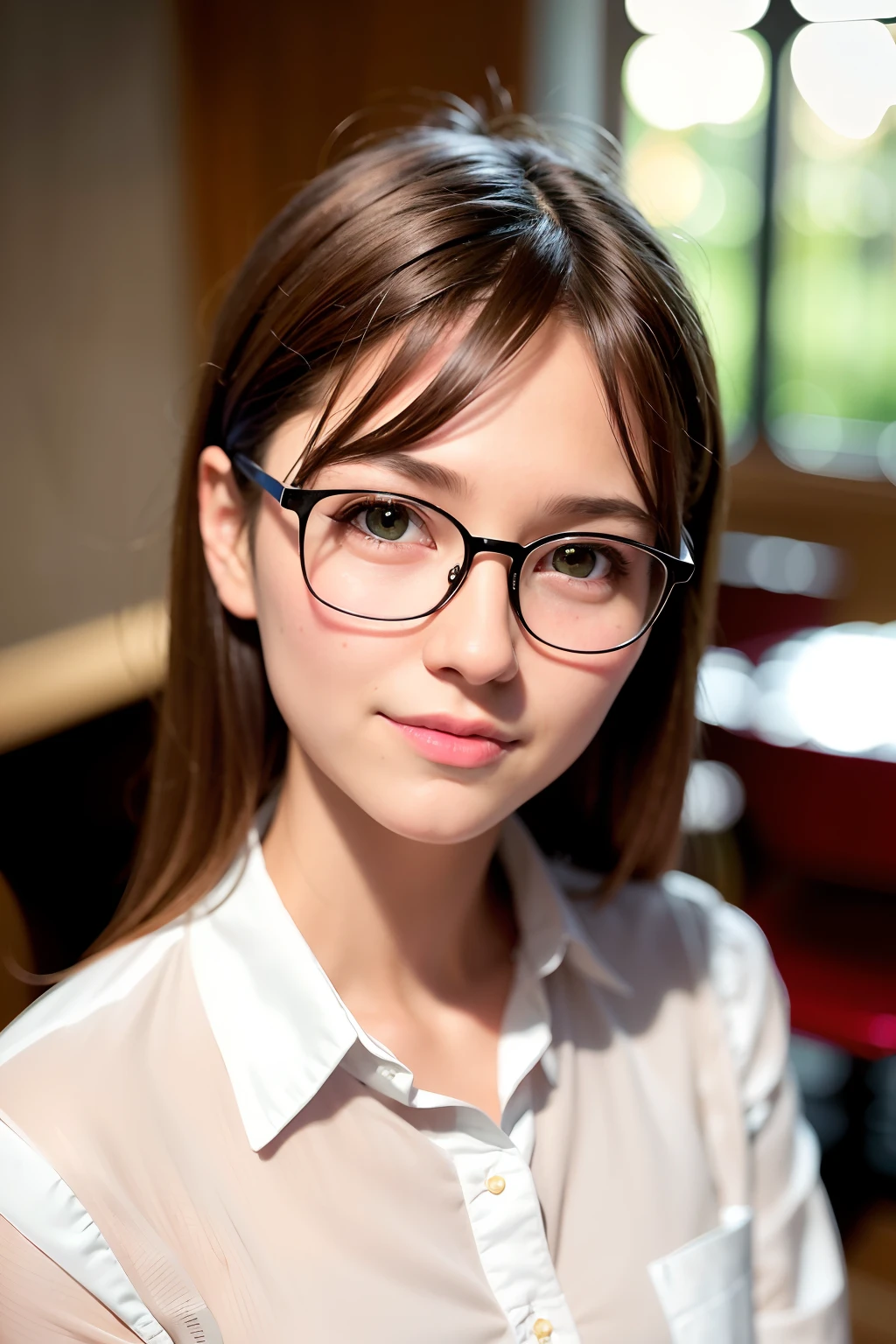 (extremely detailed CG unity 8k wallpaper), (masterpiece), (RAW photo, best quality), (realistic, photo-realistic:1.3), 1girl, coffeehouse, white collared opaque shirt, puffy eyes, smile, close up portrait photo, ((glasses)), sitting,