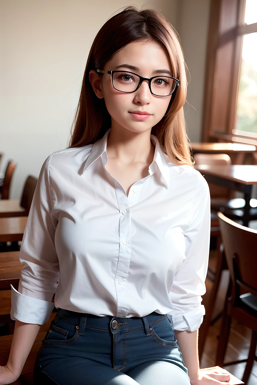 (extremely detailed CG unity 8k wallpaper), (masterpiece), (RAW photo, best quality), (realistic, photo-realistic:1.3), 1girl, coffeehouse, white collared opaque shirt, puffy eyes, smile, close up portrait photo, ((glasses)), sitting,