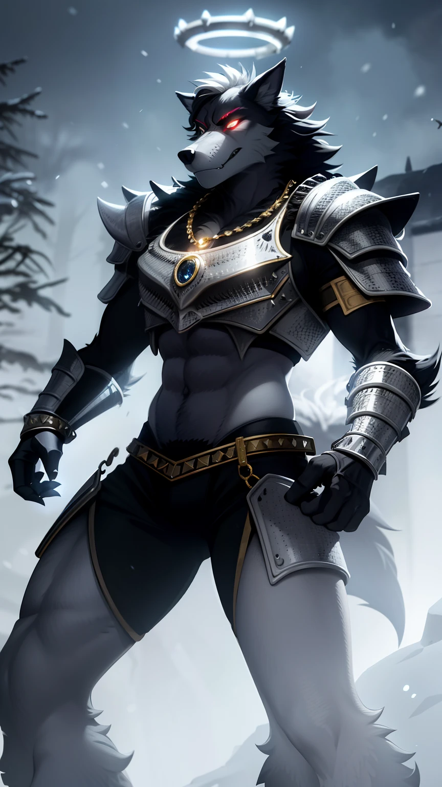 (werewolf:1.4) with a (snout:1.2), snow, snowing, (ice), icicles, frozen, chilling, chilled, ominous, horror, creepy, tall, wearing (body armor:1.6) decorated with (bones:1.2), (skull:0.9), (ribcage:1.2), piercings, fur details, fur pattern, (lightning strike), (lightning), storm, cloudy sky, backlighting, forest, nighttime, mist, fog, full moon, detailed claws, glowing, ominous aura Halo, jewelry, necklace, gold chains, (gold spikes), (fangs), smile, snarl, punk, wild hair, muscular, masterpiece, best quality, intricate detail, absurdres, high detail RAW color Photo, highly detailed, harsh lighting, cinematic lighting, detailed eyes, distinct pupils, contrast, hard light, gigapixel, 8k resolution, beautiful, cinematic, elegant, hyperrealistic, octane render, unreal, high definition, 8k resolution, highly detailed, 8k uhd, professional lighting, photon mapping, radiosity, physically-based rendering, award-winning photography, detailed face, backlight, ultrarealistic, ray tracing, intense gaze, cinematic lighting