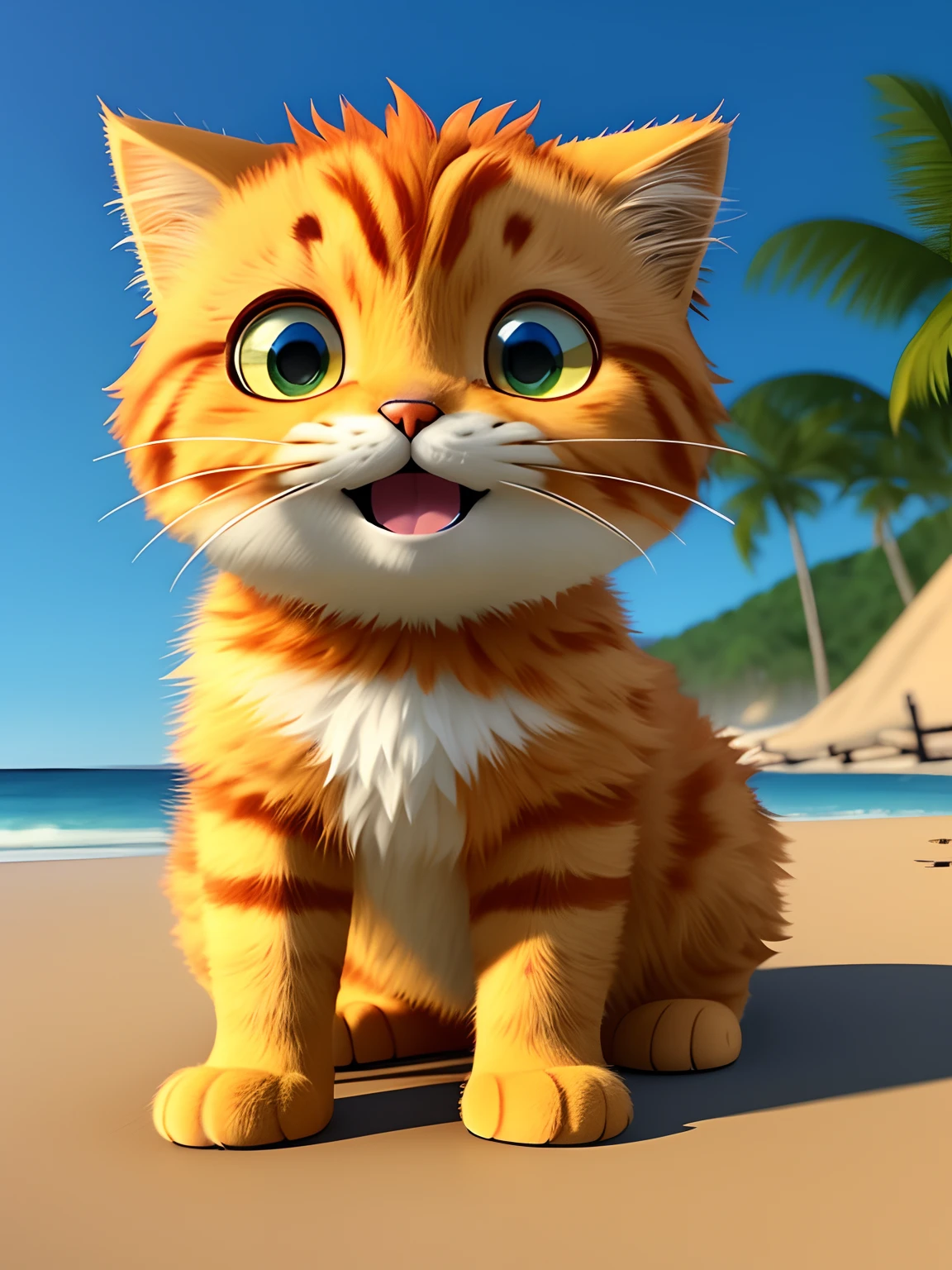 A cat (Garfield), blue fluffy hair, short legs, cute, big round face, big eyes, lying on all fours with open mouth and stretching, wearing a beach shirt, 2k, 4k, FHD, artsation, cg, realistic, Unreal Engine , real light and shadow, beautiful rich colors, amazing details, masterpiece