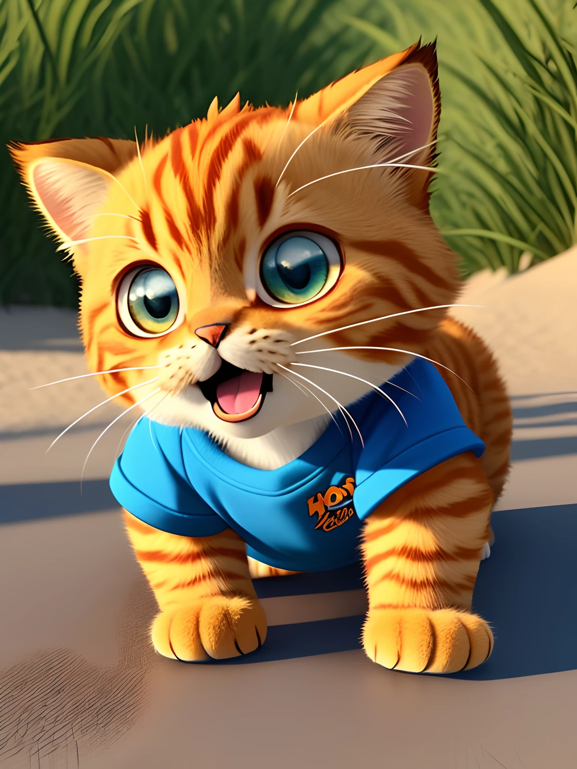 A cat (Garfield), blue fluffy hair, short legs, cute, big round face, big eyes, lying on all fours with open mouth and stretching, wearing a beach shirt, 2k, 4k, FHD, artsation, cg, realistic, Unreal Engine , real light and shadow, beautiful rich colors, amazing details, masterpiece