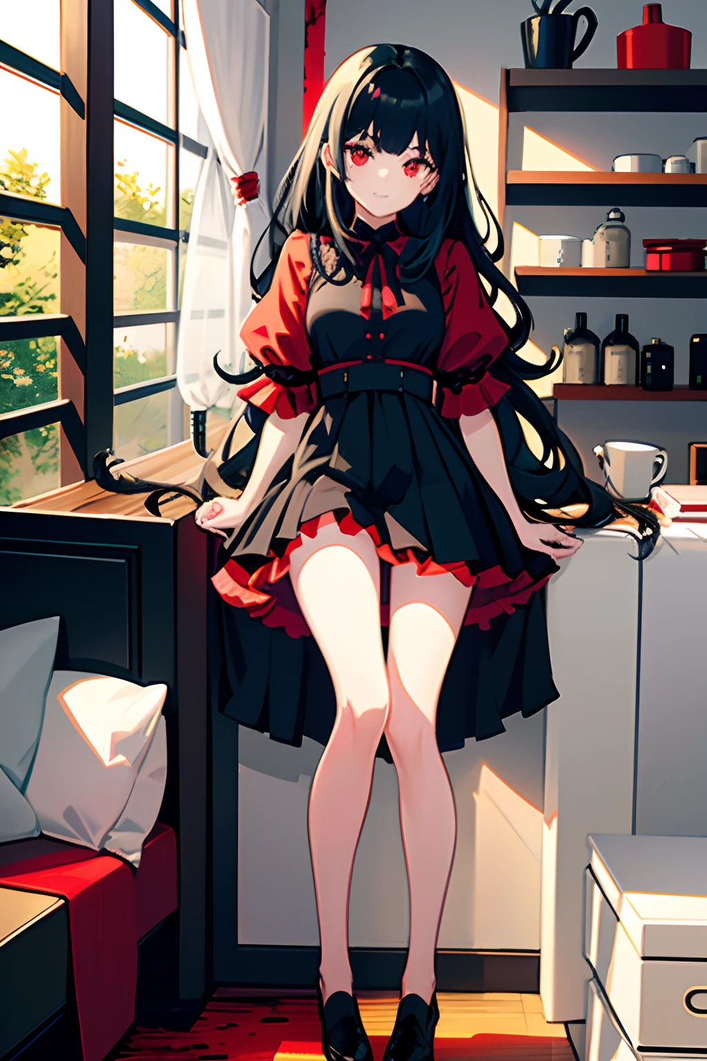1girl, black hair, red eyes, fire witch, blood, light particles, light rays, wallpaper, high contrast, colorful,