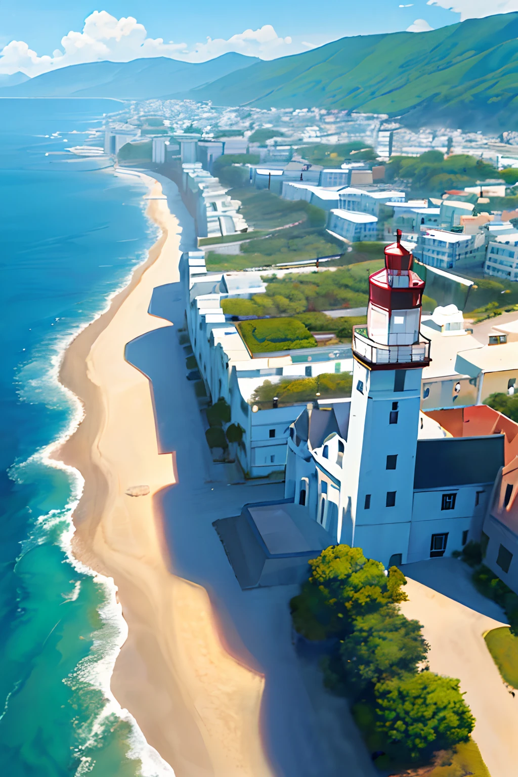 (masterpiece, best quality:1.1), bird's eye view, asymmetrical, blue ocean, low tide, sea waves, coastal road, sandy beach, piers, sailboats, yachts, ship wake, contrail, cars, tourists, lighthouse, seagulls, horizon, breeze, summer, morning, sunny, cloud, calm, fresh air, depth of field
