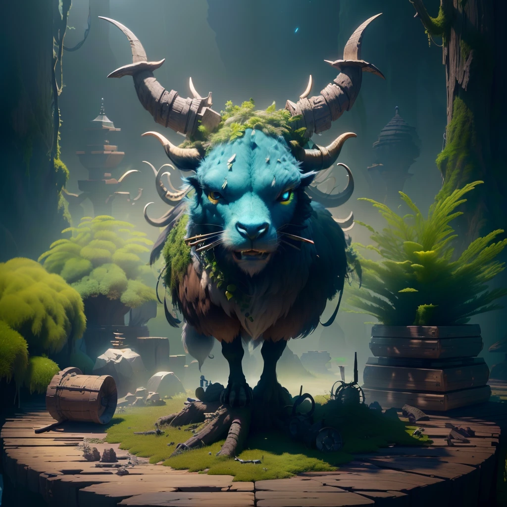 masterpiece, best quality, (extremely detailed CG unity 8k wallpaper), (best quality), (best illustration), (best shadow), Primitive times, barbaric times, A circular mossy platform, horns, animal bones, isometric 3D, octane render,ray tracing,ultra detailed