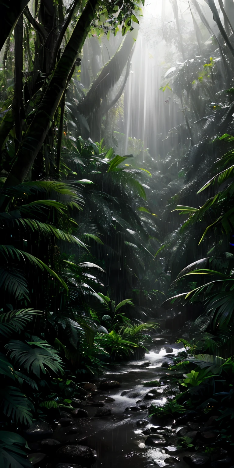 A jungle, with intense rainfall, monochromatic, vines all around, giant and wet trees, masterpiece, best quality, high quality, extremely detailed CG unity 8k wallpaper, oil paiting, award winning photography, Bokeh, Depth of Field, HDR, bloom, Chromatic Aberration ,Photorealistic,extremely detailed, trending on artstation, trending on CGsociety, Intricate, High Detail, dramatic, art by midjourney, volumetric lighting