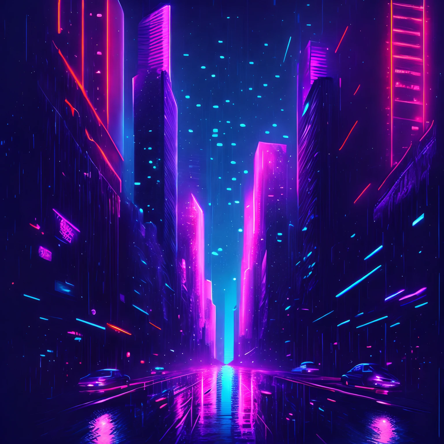 City skyscrapers, night, neon lights, rain
