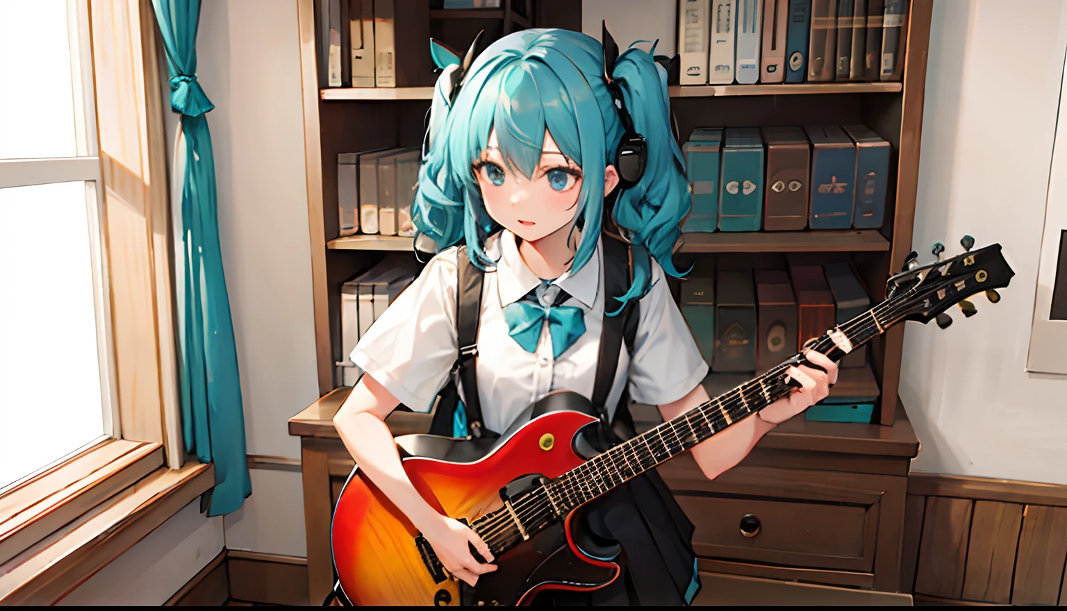 ((masterpiece,best quality))1girl, solo, black skirt, blue eyes, electric guitar, guitar, headphones, holding, holding plectrum, instrument, long hair, , music, one side up, teal hair, twin tails, playing guiter, pleated skirt, black shirt, indoors