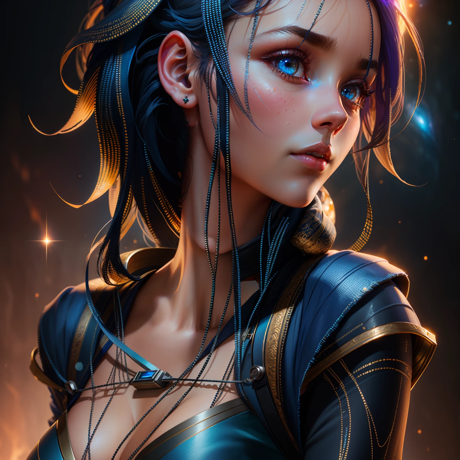Highly detailed RAW color Photo, beautiful young girl, dynamic pose, (wide hips), (detailed skin), (detailed lips), (detailed eyes), (cosmic:1.4), (necropolis:1.1), (Sci-Fi setting) (detailed face), (curvy), detailed eyes, chromatic aberration, depth of field, soft lighting, masterpiece, best quality, intricate, (lens flare:0.7), (bloom:0.7), particle effects, raytracing, tone mapped, highly detailed, concept art, smooth, sharp focus, dramatic lighting, highly detailed artwork, cinematic, hyper realistic painting, trending on Artstation, 8K, incredible shadows, realistic, (highly detailed background:1.2), art by midjourney