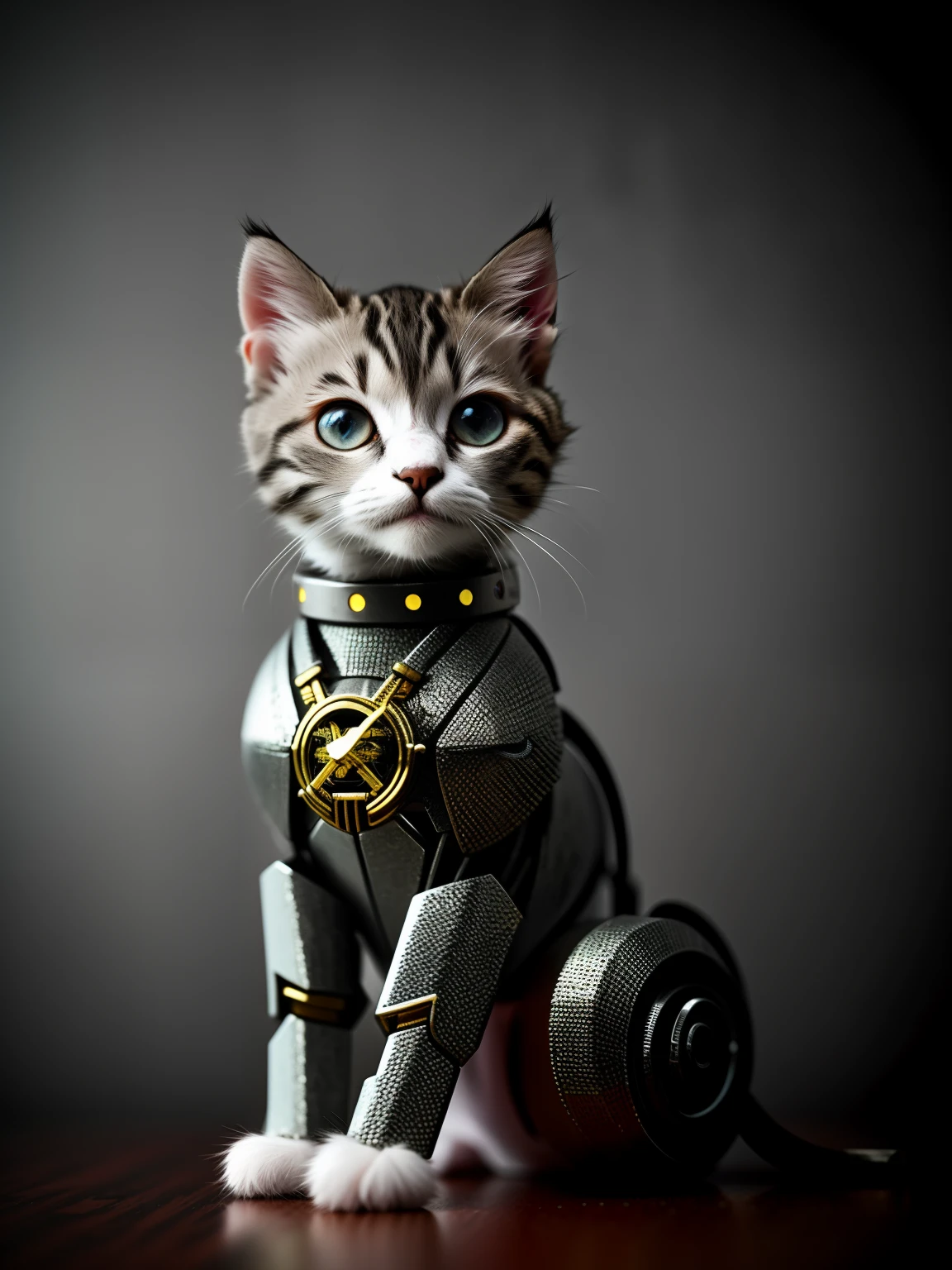 a cute kitten made out of metal, (cyborg:1.1), ([tail | detailed wire]:1.3), (intricate details), hdr, (intricate details, hyperdetailed:1.2), cinematic shot, vignette, centered