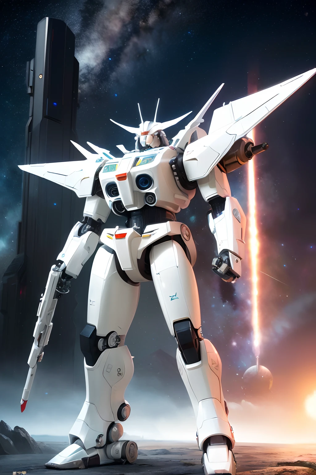 ((best quality)),((ultradetailed)), ((masterpiece)), illustration, ((sci-fi)), ((mecha)), ((space)), ((battle)), ((white color)), ((futuristic)), ((action)),"。