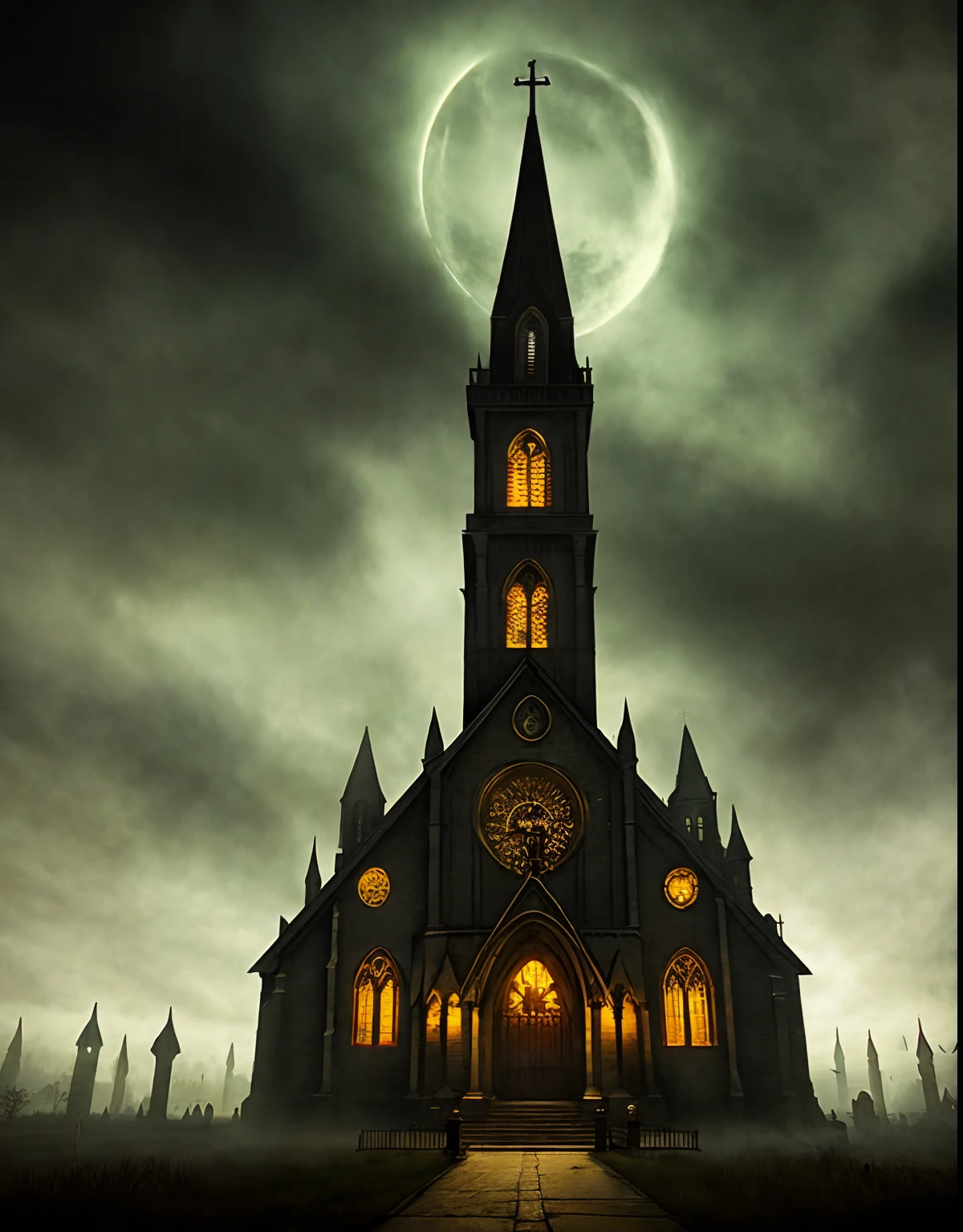 a church, gothic, dark, steampunk, foggy, night, inspired by bloodborn,Cthulhu