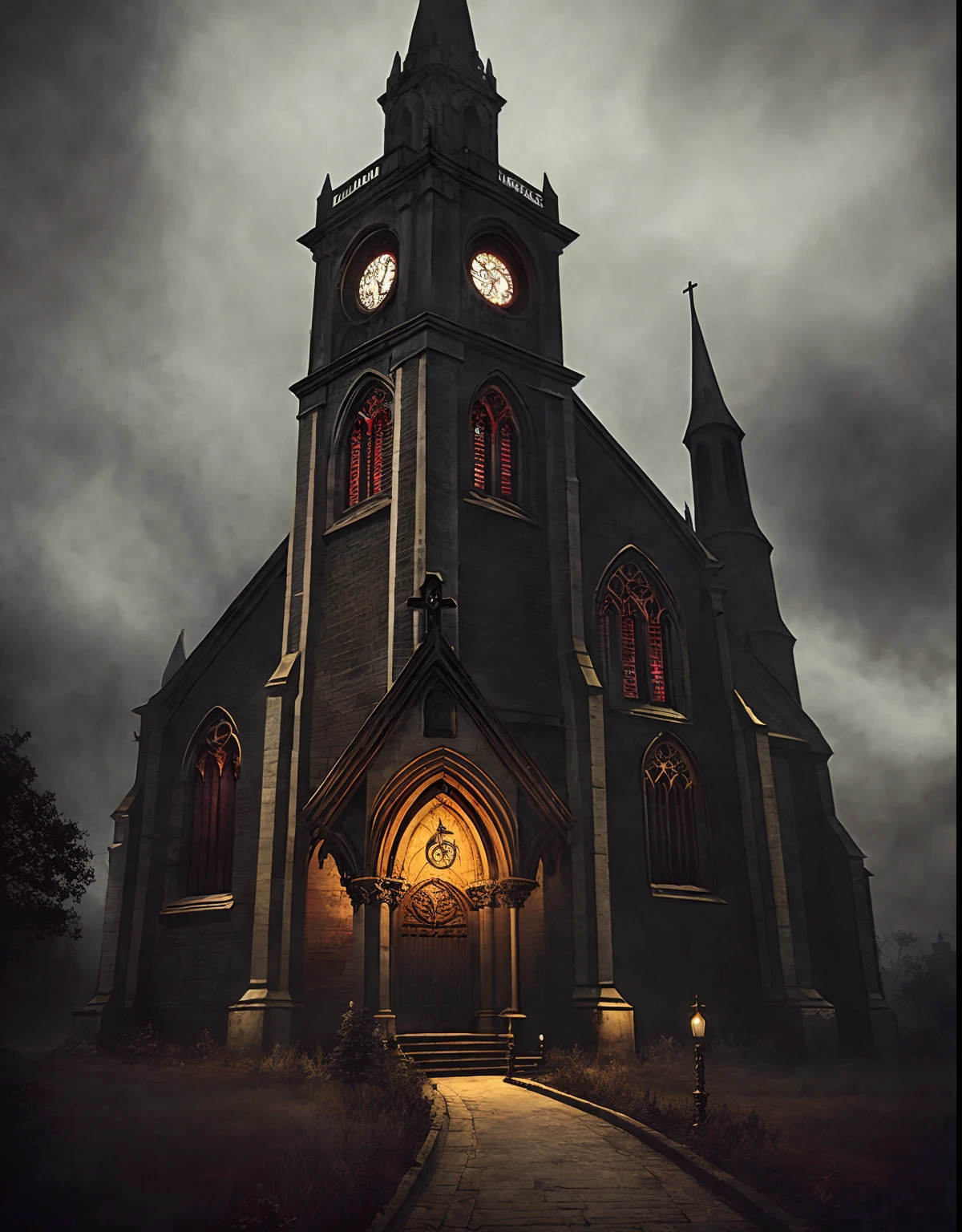 a church, gothic, dark, steampunk, foggy, night, inspired by bloodborn,Cthulhu