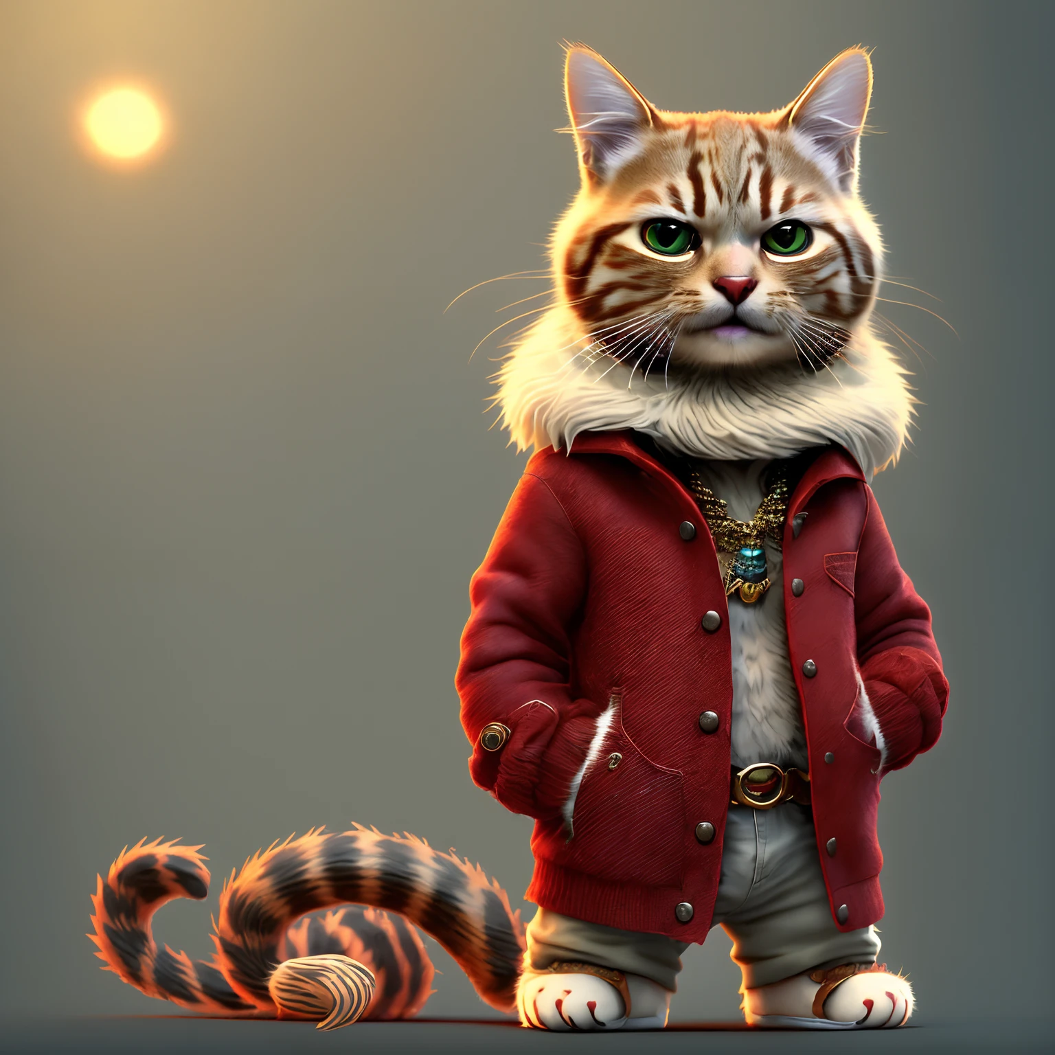 ((a cat in clothes)), (full shot),fluffy hair, anthropomorphic expressions, rich colors, exquisite details, masterpiece, realistic,artsation, cg, realistic, Unreal Engine , real light and shadow, beautiful rich colors, amazing details, high quality