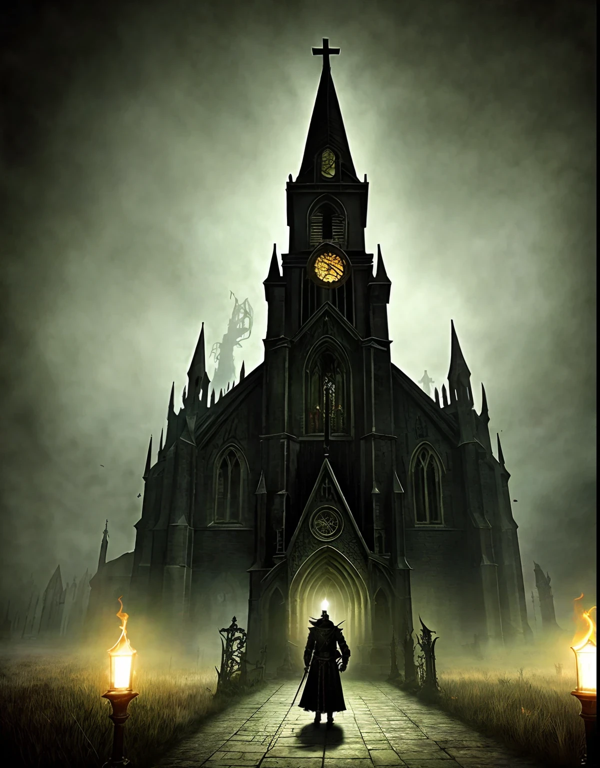 a church, gothic, very dark, steampunk, foggy, night, inspired by bloodborn,Cthulhu,single hunter ,fight monster,Holding a torch