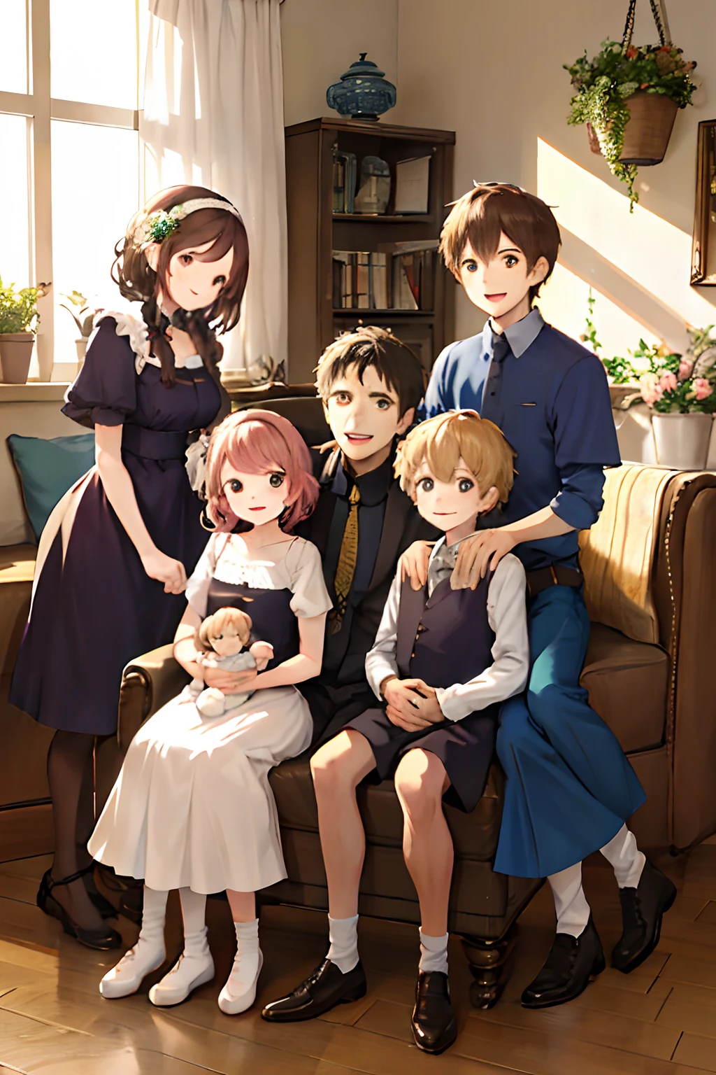 Family photo, four people, Father, mother, brother, brother, warm
