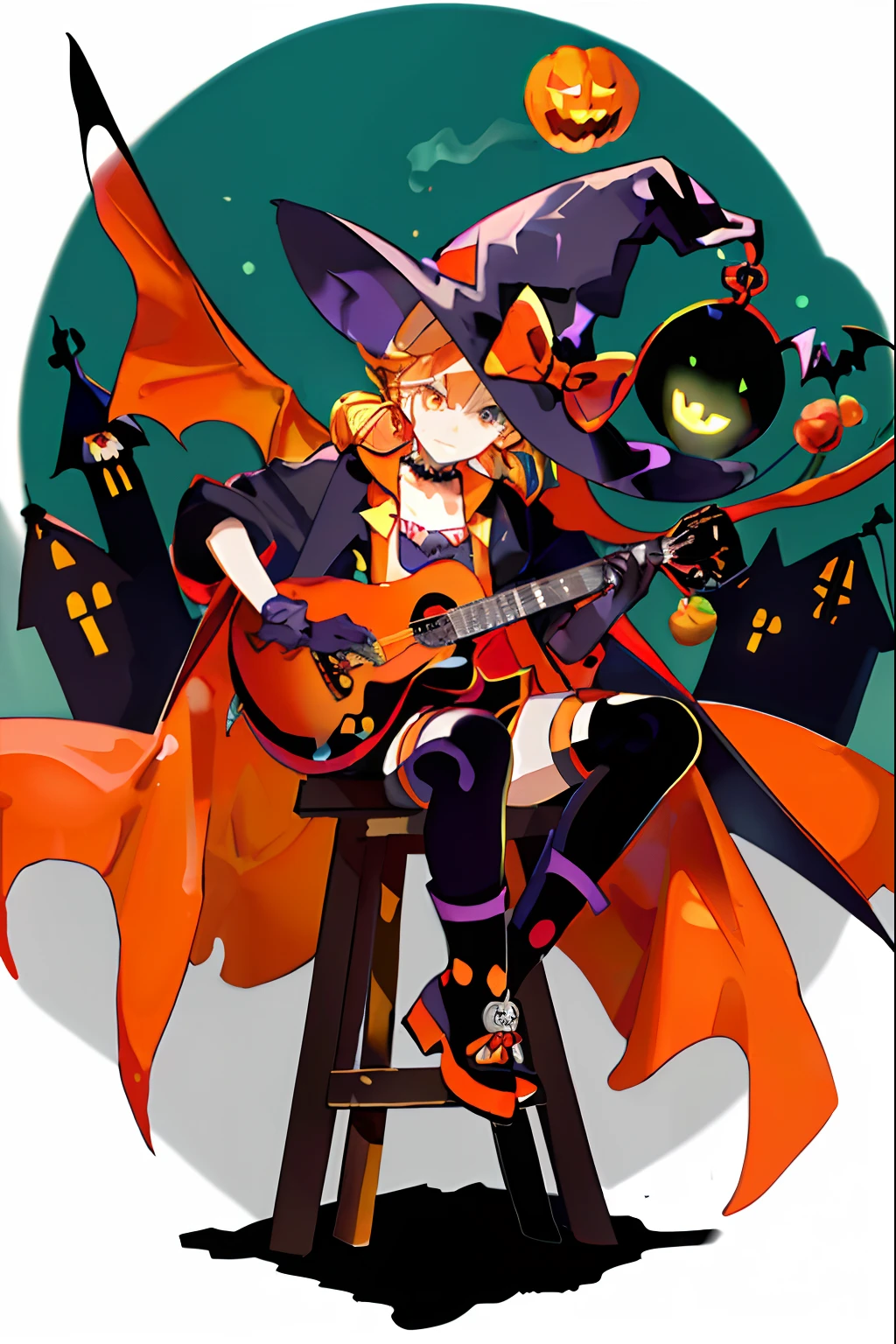 music, bat, candy, halloween, halloween_bucket, halloween_costume, happy_halloween, jack-o'-lantern, pumpkin, pumpkin_hair_ornament, pumpkin_hat, tattoo, trick_or_treat, witch_hat, body_writing, pubic_tattoo, tombstone, garter_straps,pasties, thighhighs, silk, ghost_costume, lollipop, spider_web, 1girl, vampire_costume, bat_hair_ornament, basketball, food-themed_hair_ornament, graveyard, long_hair, orange_ribbon, heart_tattoo, holding_vegetable, broom, swirl_lollipop, candy_cane, orange_choker, bat_wings, basket, breasts, solo, candle, food, orange_bow, open_mouth, bat_print, castle, orange_panties, black_legwear,vegetable, bow, shoulder_tattoo, orange_nails, gloves, twintails, spider_web_print, blonde_hair, very_long_hair, lantern, grave, charmander, orange_legwear, navel, bare_tree, smile, orange_bowtie, elbow_gloves, cookie, full_moon, cape, mini_witch_hat, bridal_gauntlets,(upper body:0.8)