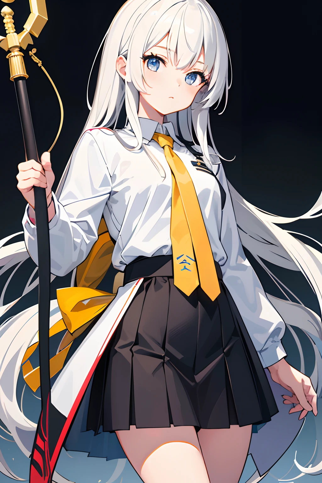 best quality, high resolution, distinct image, 1girl,white long hair,princess cut hairstyle,black Japanese school uniform jacket,white shirt,yellow necktie,grey and white striped/checkered miniskirt(Carrying a Japanese longbow on the back),perfect body, wied hip, narrow waist, full body