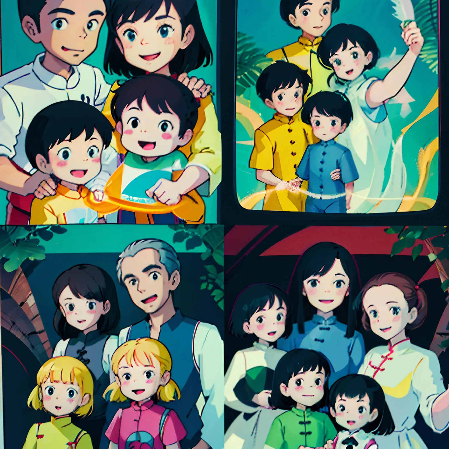 A family of four, family photo, Chinese characters, cartoons