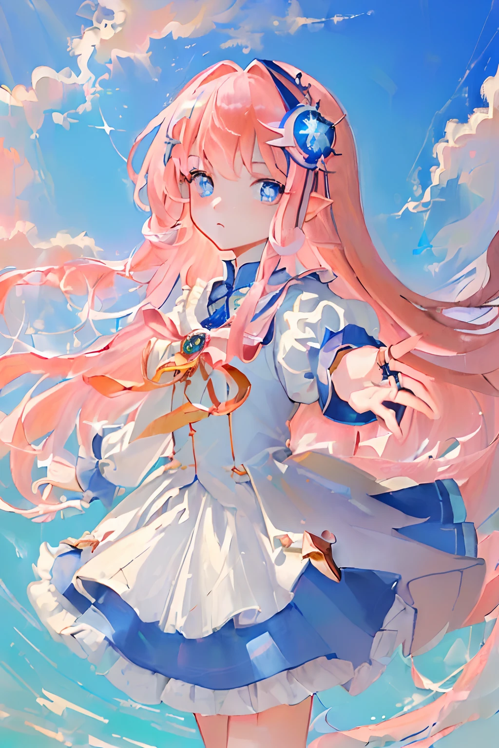 (masterpiece,best quality,ultra-detailed:1.6),illustration,
masterpiece, 1girl, (loli:1.2), magic, long hair, pink hair, ring behind, blue eyes, bright pupils, floating in the sky,reach out to you