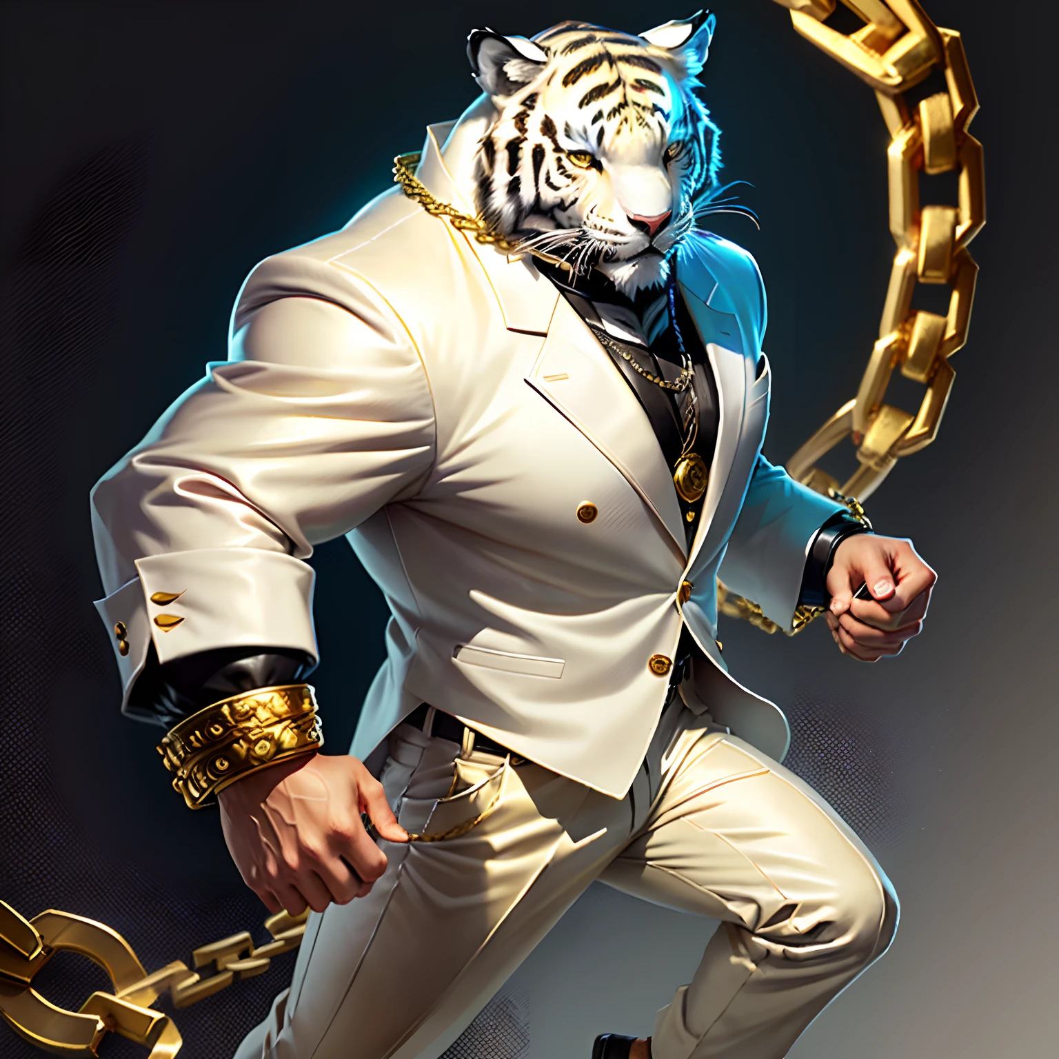 Animal personification, white tiger head, game character, big gold chain, suit, shirt, pants, leather shoes, front view,