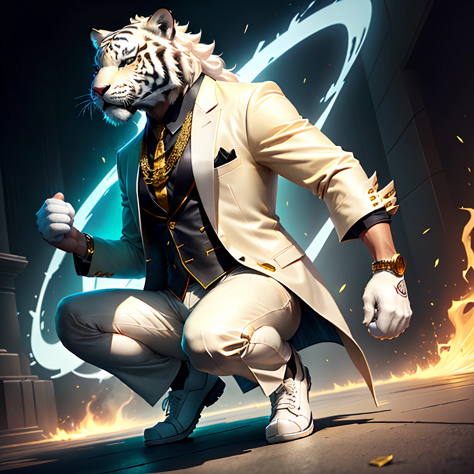 Animal personification, white tiger head, game character, big gold chain, suit, shirt, pants, leather shoes, front view,