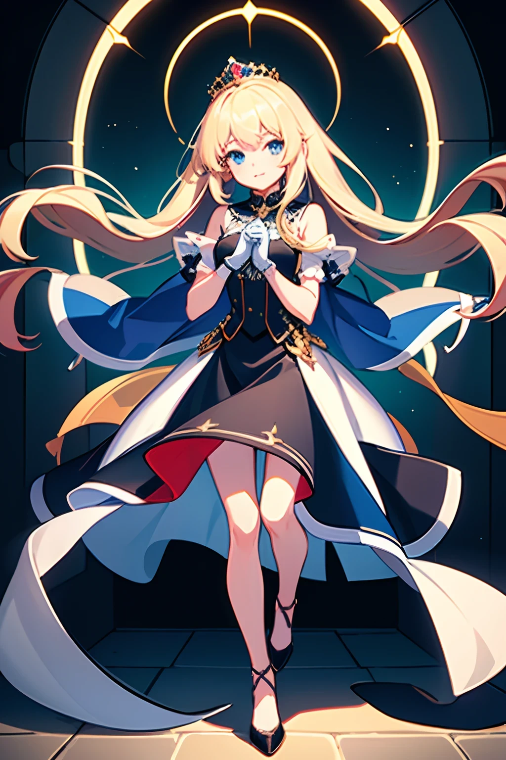 best quality, high resolution, distinct image, 1girl,white long hair,princess,full body,wear gloves,reach out to you,ring behind,religion
