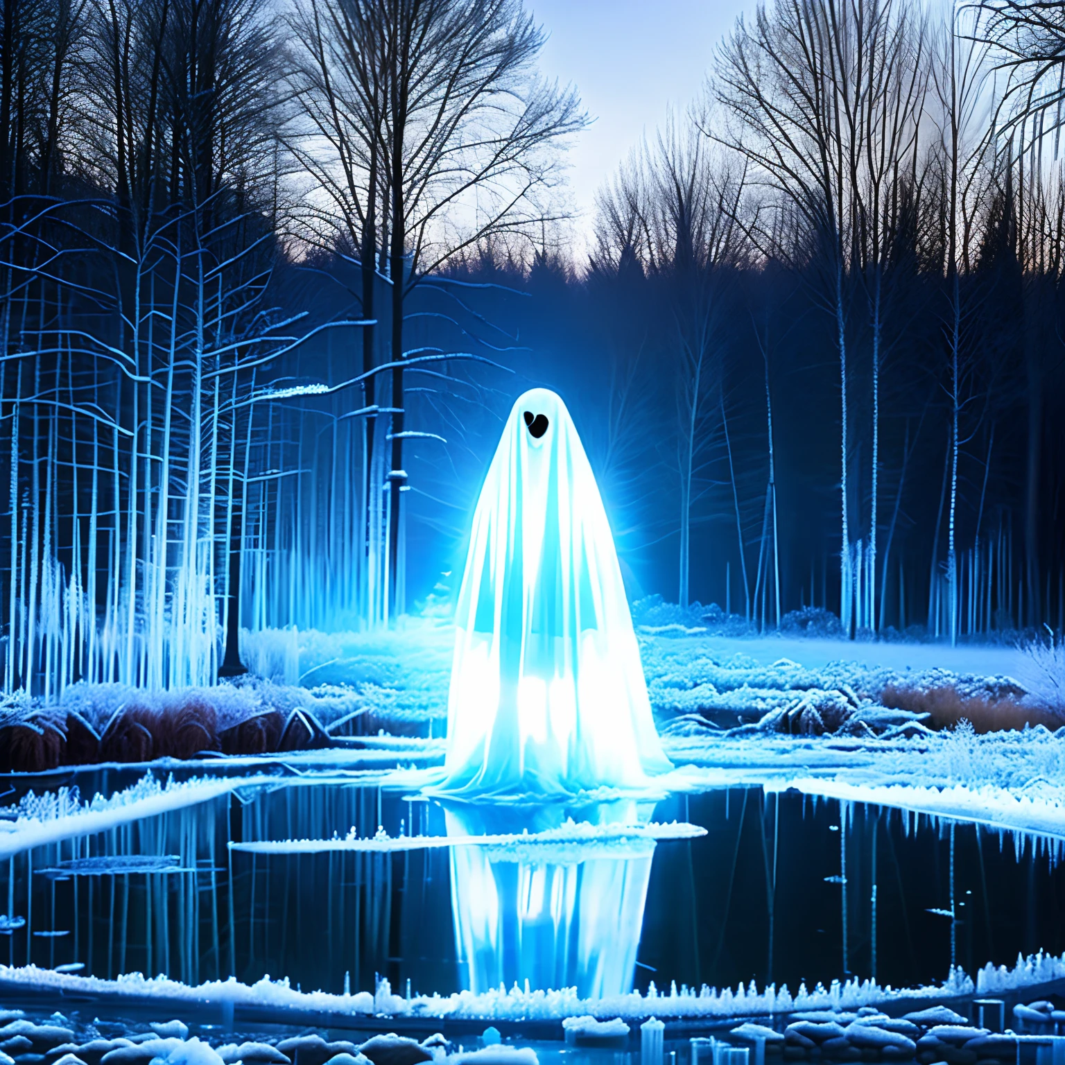 a wide shot of a (transparent :1.4) glowing white (ghost :1.3) (doe :1.1)standing by a (frozen pond :1.3)in the woods. ghostly animal.  Transparent, magic, patronus. fking_scifi_v2