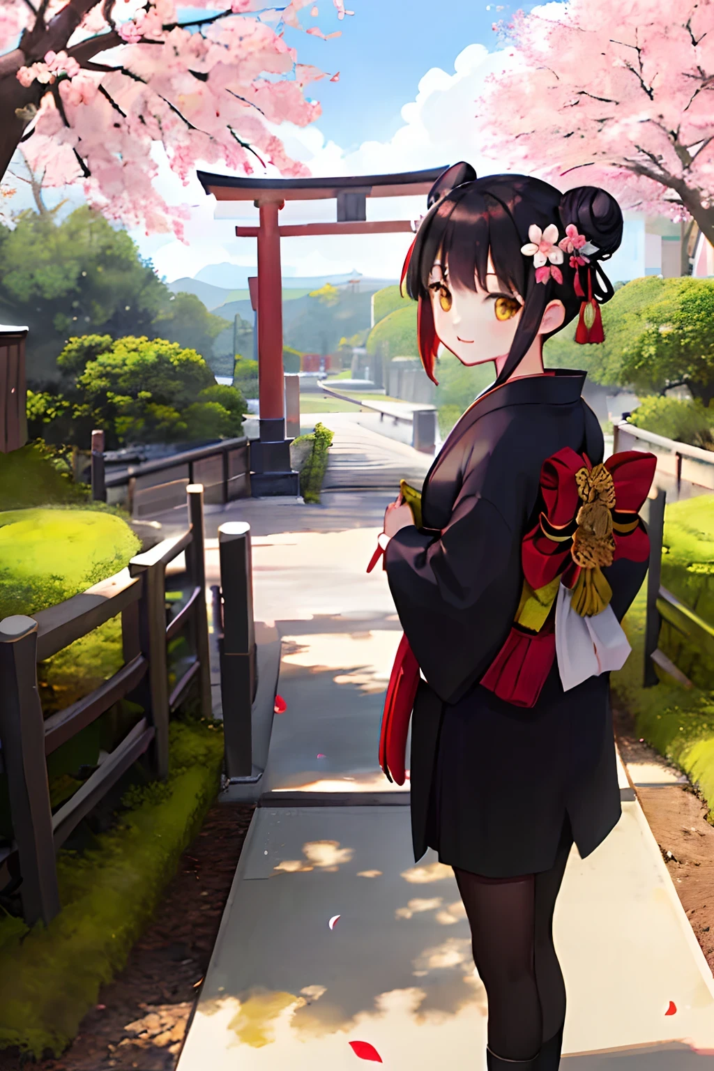 ((masterpiece,best quality)),2girls, black kimono, black legwear, black ribbon, black hair, cherry blossoms, day, flower, hair bun, hair ribbon, japanese clothes, kimono, long hair, looking at viewer, looking back, multiple girls, obi, outdoors, red eyes, red hair, ribbon, sandals, single hair bun, stairs, standing, statue, torii, tree, white kimono, yellow eyes