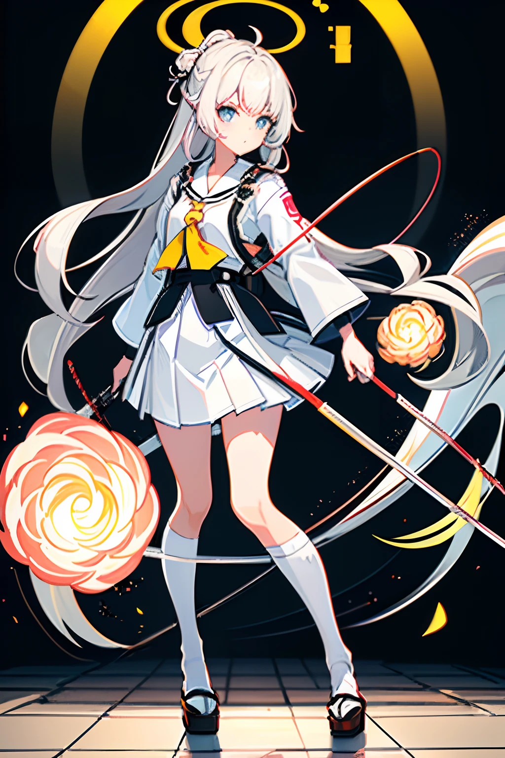 best quality, high resolution, distinct image, 1girl,white long hair,princess cut hairstyle,black (Japanese school uniform jacket),white shirt,yellow necktie,grey and white striped checkered miniskirt((Carrying a Japanese longbow on the back)),perfect body, wied hip, narrow waist, full body
