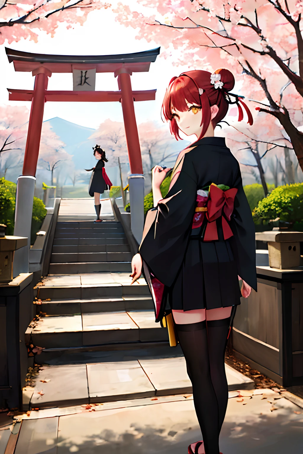 ((masterpiece,best quality)),2girls, black kimono, black legwear, black ribbon, black hair, cherry blossoms, day, flower, hair bun, hair ribbon, japanese clothes, kimono, long hair, looking at viewer, looking back, multiple girls, obi, outdoors, red eyes, red hair, ribbon, sandals, single hair bun, stairs, standing, statue, torii, tree, white kimono, yellow eyes