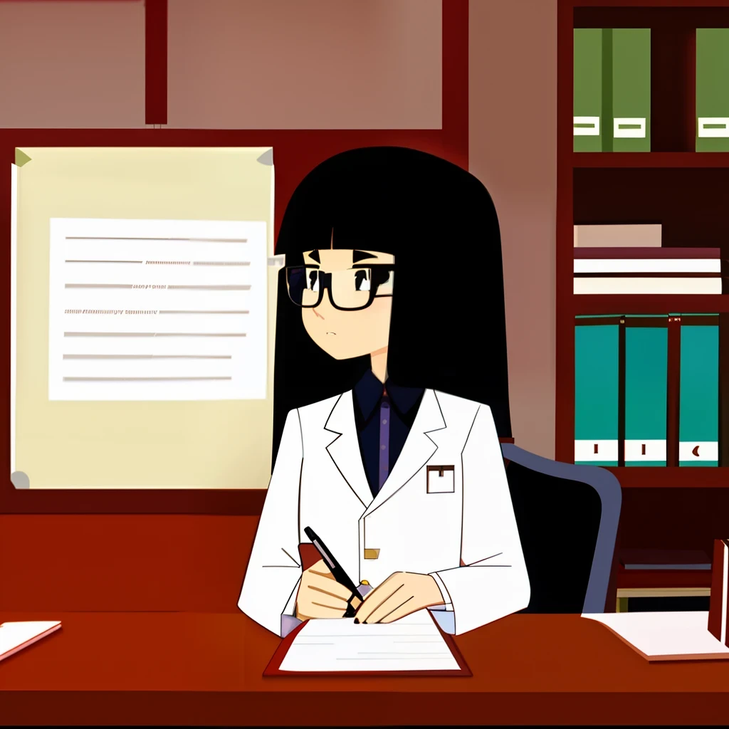 1 Girl, bangs, black hair, flat color, glasses, looking at audience, psychiatrist, white coat, desk, papers, notes, pen holder, flowers, bookshelf, books