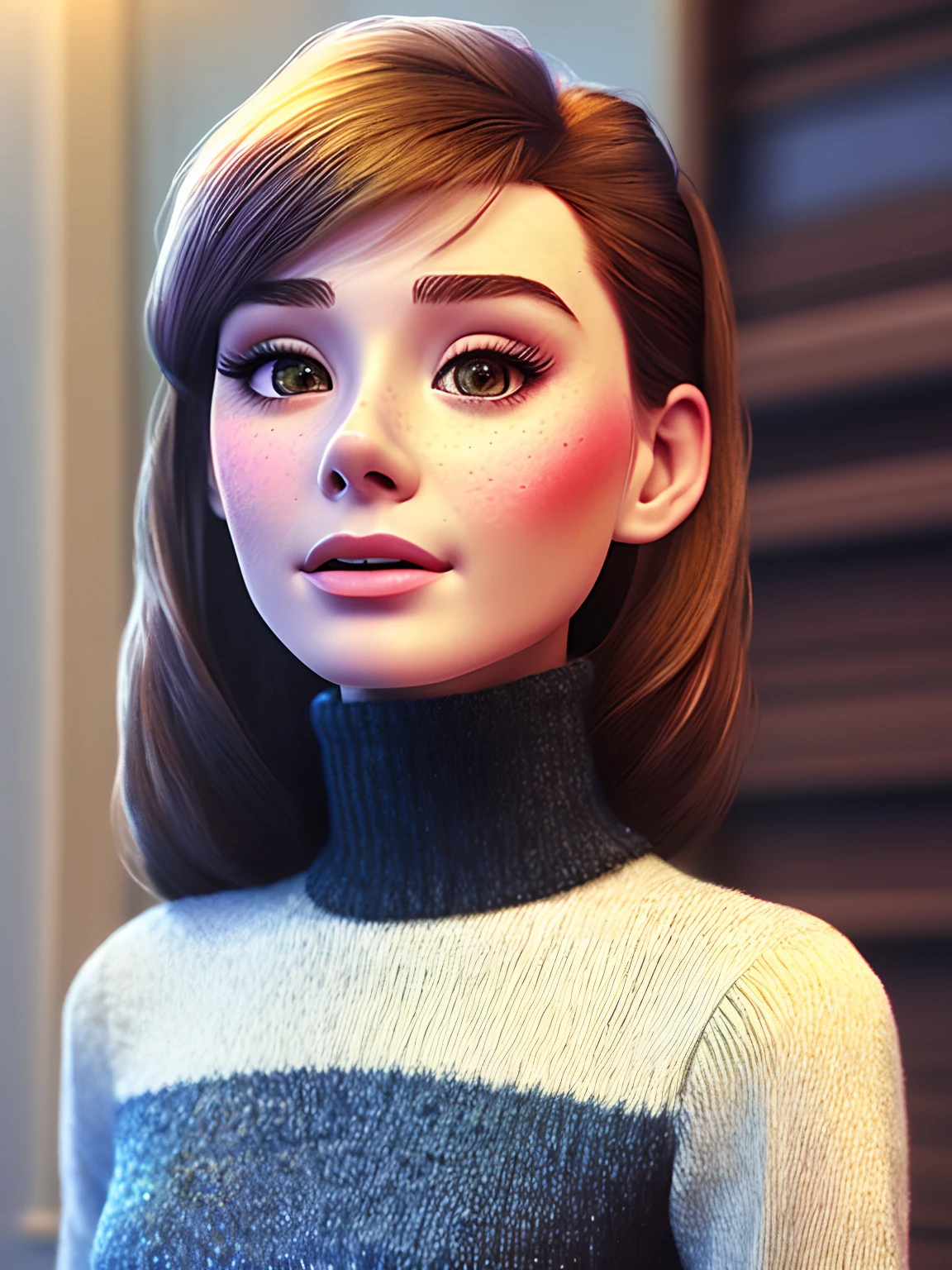  (photorealistic), (realistic), analog style, 1girl, solo, 18 years old, Maiden style, (looks like audreyHepburn), (sweet smile:0.8), (freckles:0.7), sweater, jeans,