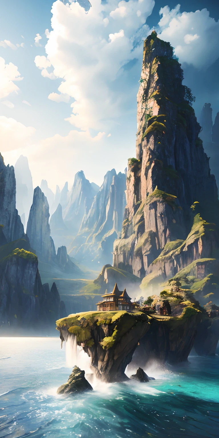 masterpiece, best quality, high quality, extremely detailed CG unity 8k wallpaper, scenery, outdoors, sky, cloud, day, no humans, mountain, landscape, water, tree, blue sky, waterfall, cliff, nature, lake, river, cloudy sky,award winning photography, Bokeh, Depth of Field, HDR, bloom, Chromatic Aberration ,Photorealistic,extremely detailed, trending on artstation, trending on CGsociety, Intricate, High Detail, dramatic, art by midjourney