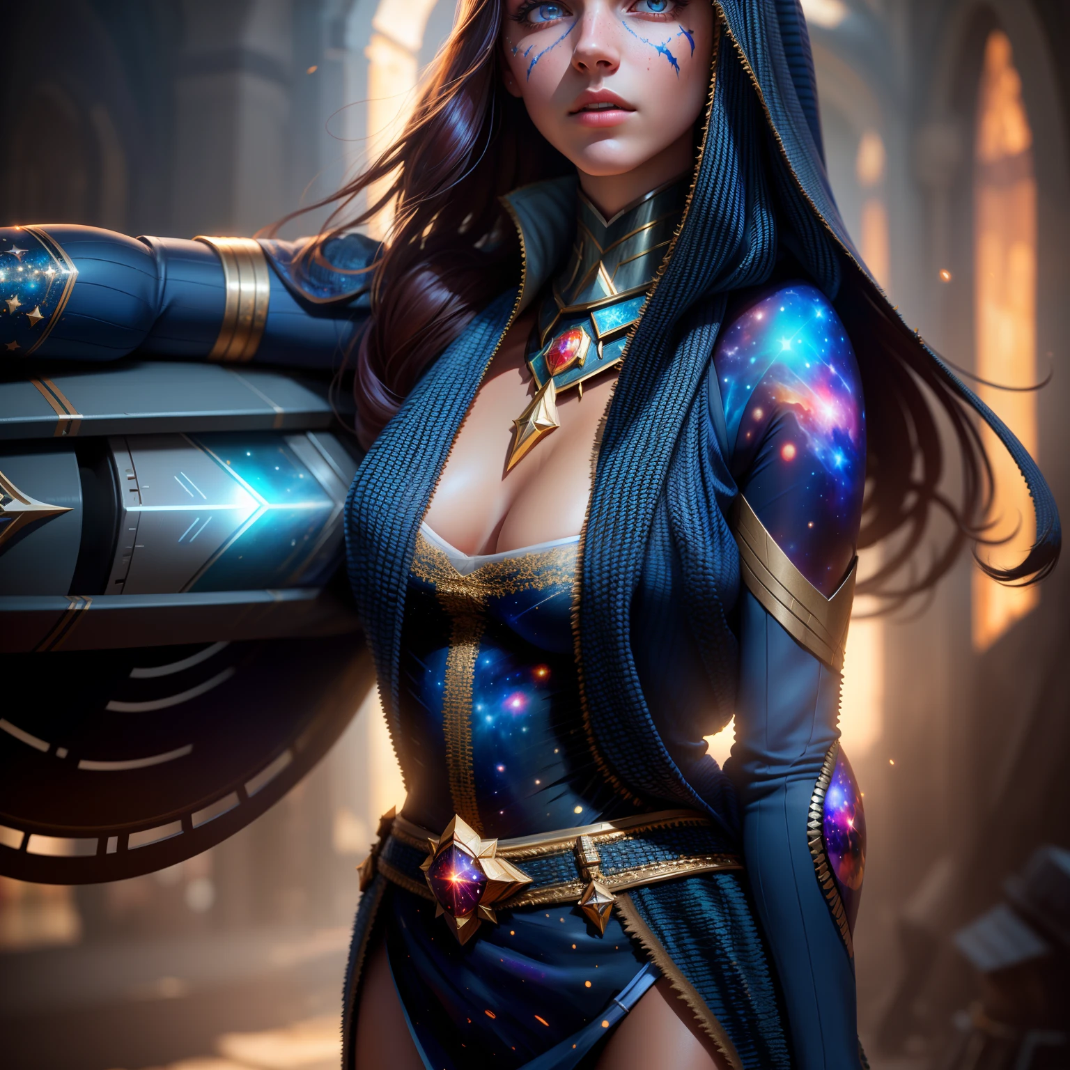 Highly detailed RAW color Photo, beautiful young girl, dynamic pose, (wide hips), (detailed skin), (detailed lips), (detailed eyes), (cosmic:1.4), (necropolis:1.1), (Sci-Fi setting) (detailed face), (curvy), detailed eyes, chromatic aberration, depth of field, soft lighting, masterpiece, best quality, intricate, (lens flare:0.7), (bloom:0.7), particle effects, raytracing, tone mapped, highly detailed, concept art, smooth, sharp focus, dramatic lighting, highly detailed artwork, cinematic, hyper realistic painting, trending on Artstation, 8K, incredible shadows, realistic, (highly detailed background:1.2), art by midjourney