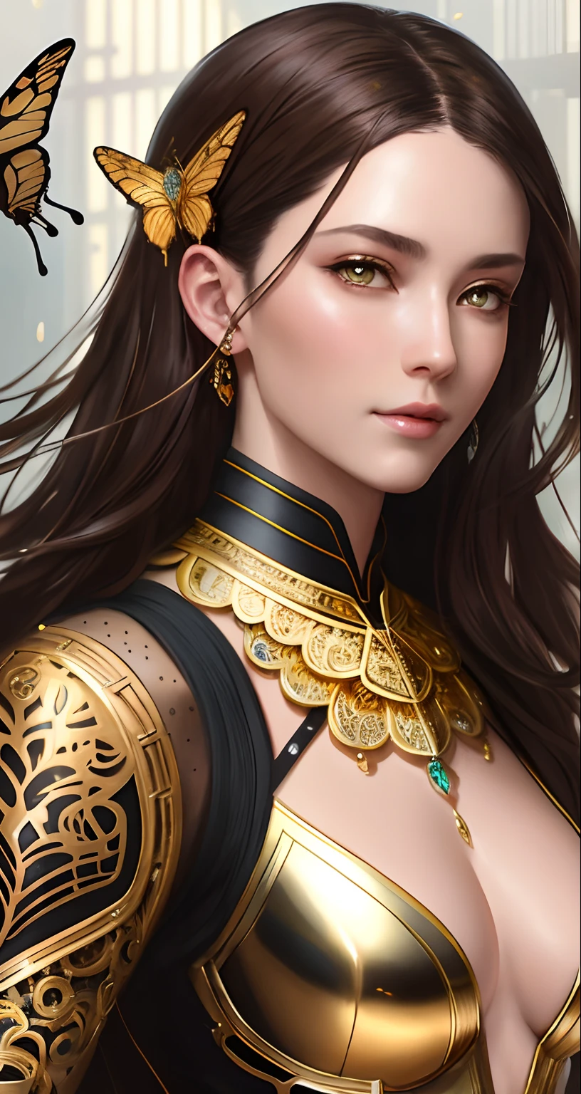 8k portrait of beautiful cyborg with brown hair, intricate, elegant, highly detailed, majestic, digital photography, art by artgerm and ruan jia and greg rutkowski surreal painting gold butterfly filigree, broken glass, (masterpiece, sidelighting, finely detailed beautiful eyes: 1.2), hdr