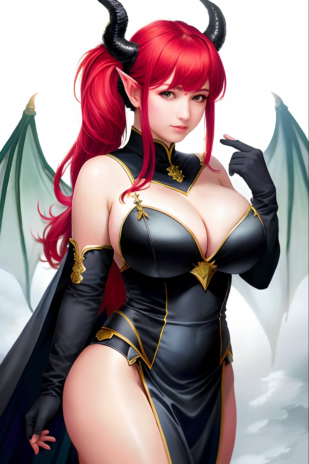 (8k, RAW photo, best quality, mastery:1.2), (realistic:1.3), (photorealistic:1.3), ultra-detailed, (high detailed skin:1.2), 8k uhd, dslr, strong light, high quality, film grain, Fujifilm XT3, best quality, nice lighting,
1girl, dragon horns, long hair, twin ponytails, (red hair), messy hair, blue eyes, tight dragon scale armor, big breasts, pointed ears, black gloves, smug, standing, royal family, big breasts, sexy, exposed, two Dimensional, cute,