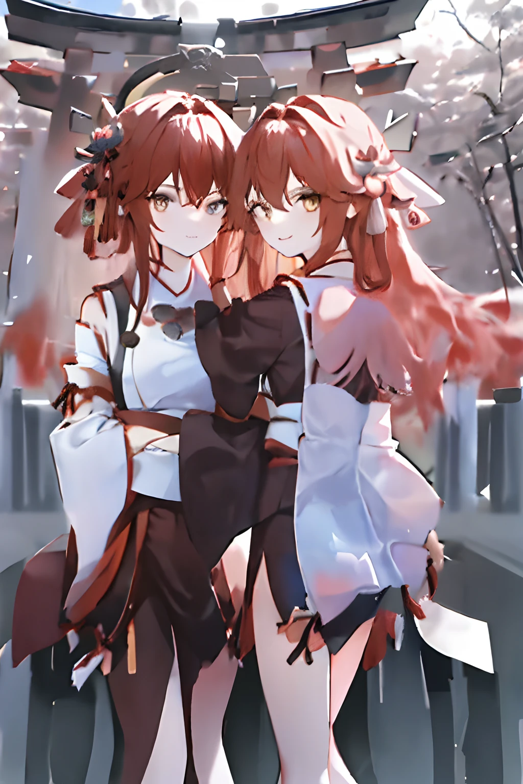 ((masterpiece,best quality)),2girls, black kimono, black legwear, black ribbon, black hair, cherry blossoms, day, flower, hair bun, hair ribbon, japanese clothes, kimono, long hair, looking at viewer, looking back, multiple girls, obi, outdoors, red eyes, red hair, ribbon, sandals, single hair bun, stairs, standing, statue, torii, tree, white kimono, yellow eyes