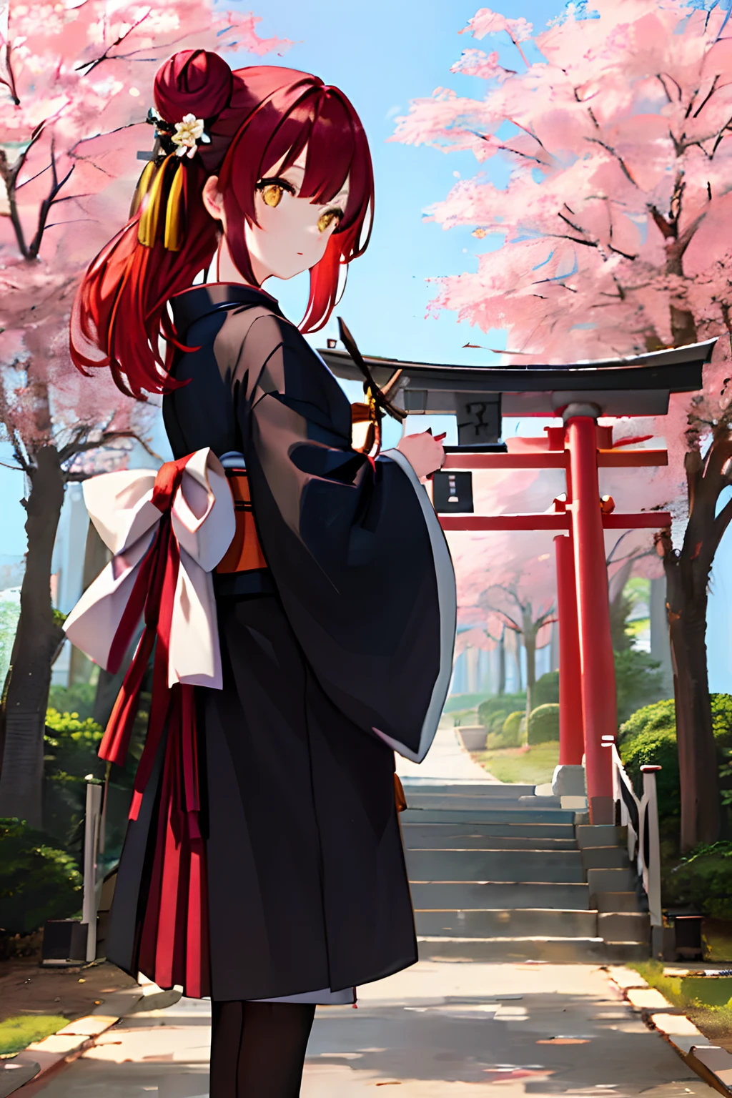 ((masterpiece,best quality)),2girls, black kimono, black legwear, black ribbon, black hair, cherry blossoms, day, flower, hair bun, hair ribbon, japanese clothes, kimono, long hair, looking at viewer, looking back, multiple girls, obi, outdoors, red eyes, red hair, ribbon, sandals, single hair bun, stairs, standing, statue, torii, tree, white kimono, yellow eyes