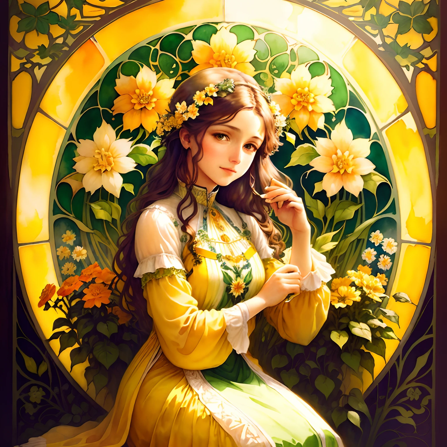 A beautiful watercolor portrait of a bee collecting nectar in a flower garden, inspired by the Art Nouveau style of Alphonse Mucha. The soft, warm lighting creates a cozy atmosphere, while the yellow, orange, and green color scheme captures the vibrant beauty of the natural world.