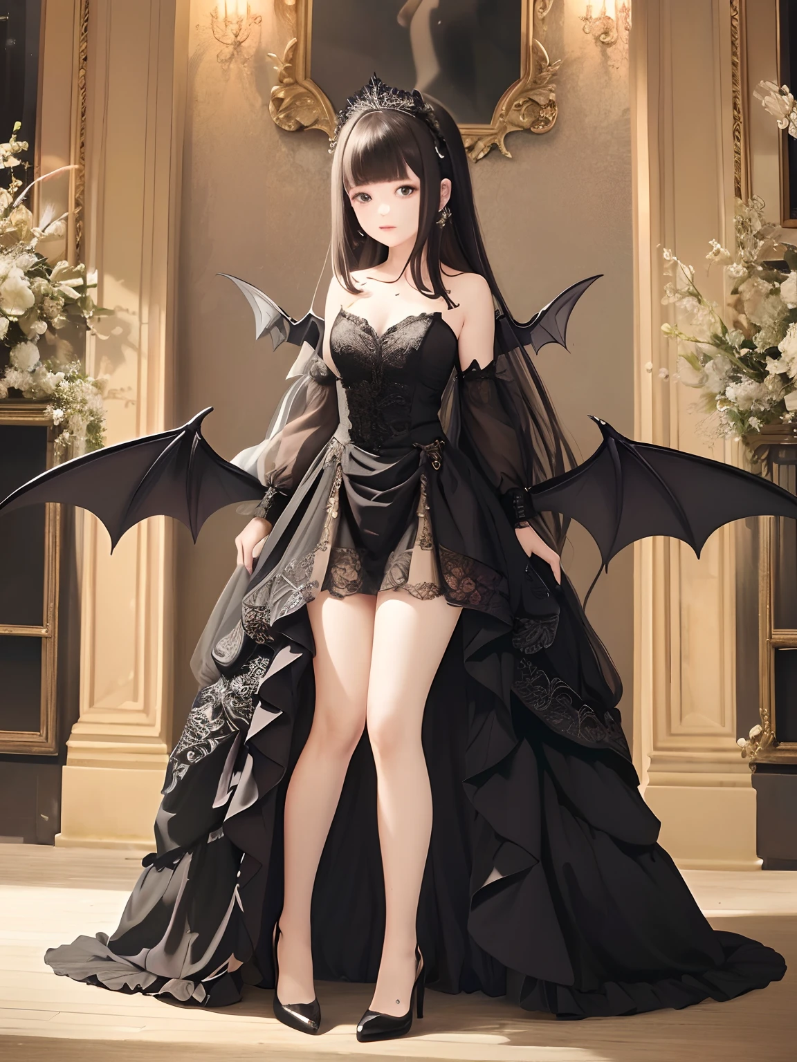{best quality}, 1girl,full body, {{masterpiece}}, {highres}, {an extremely delicate and beautiful}, original, extremely detailed wallpaper, bare shoulders,bat wings,