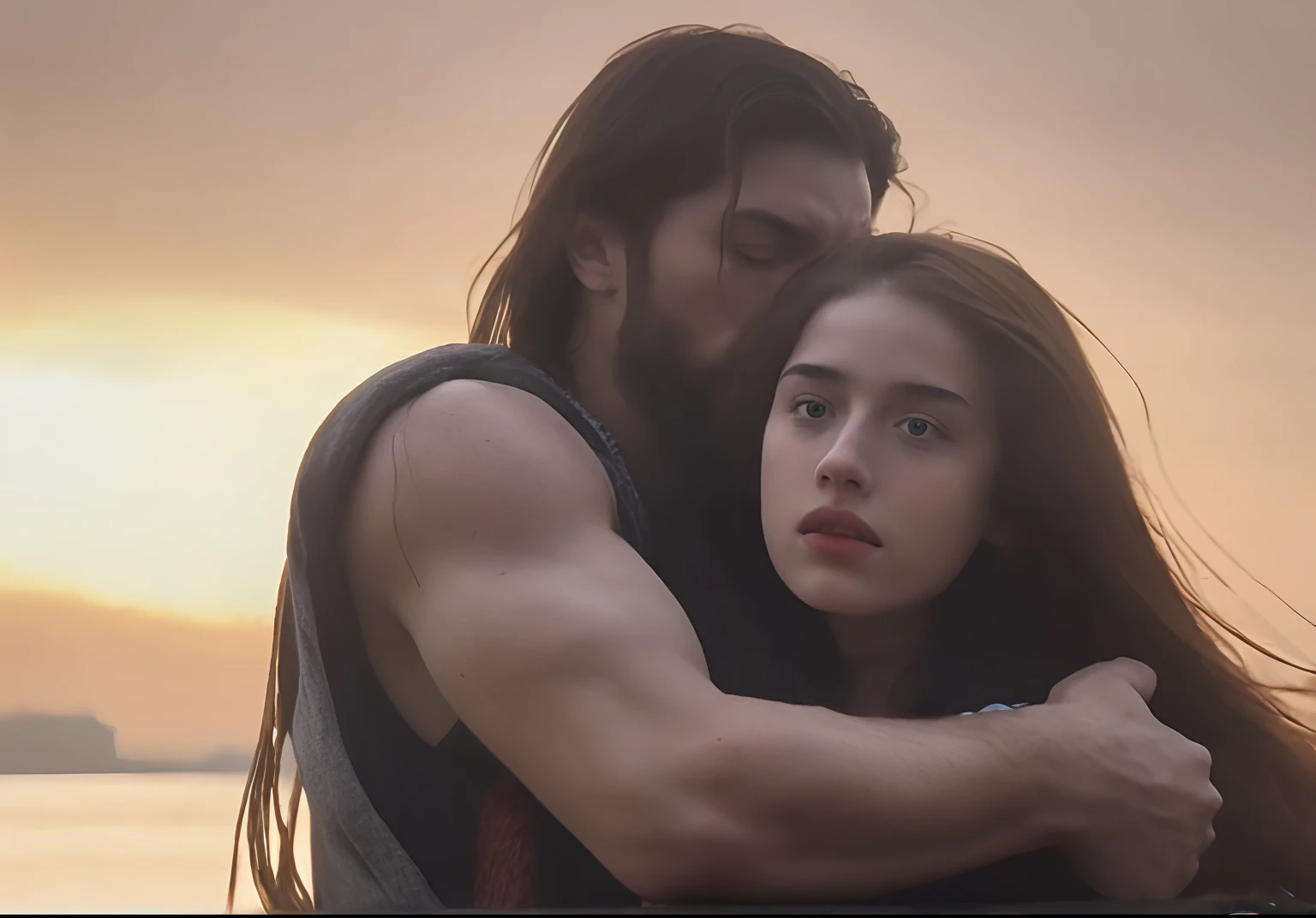 Perfect wet girl and a beard man kissing, toned muscles, sunset, by Ed Blinkey, Atey Ghailan, Alphonse Mucha, Antonio Moro, trending on ArtStation, trending on CGSociety, Intricate, High Detail, Sharp focus, dramatic, action movie poster, photorealistic art by midjourney and greg rutkowski