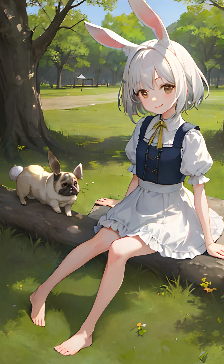((masterpiece,best quality)),1girl, solo, animal ears, pug as tall as her, barefoot, knees up, dress, sitting, rabbit ears, short sleeves, looking at viewer, grass, short hair, smile, white hair, puffy sleeves, outdoors, puffy short sleeves, bangs, on ground, full body, animal, white dress, sunlight, brown eyes, dappled sunlight, day, depth of field