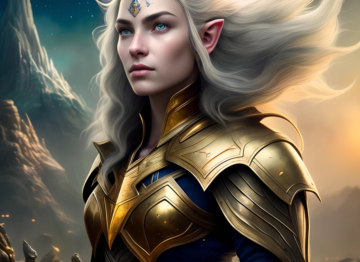 Highly detailed RAW color Photo, high elf man,high elf swordmaster;pointy ear;long hair;male;powerful;Majestic and dignified;Magic Aura;Starlight;Full Body Image;powerful sword;golden hair;golden and blue;Pointy Ears;Glittering eyes dynamic pose, (detailed skin), (detailed lips), (detailed eyes), (cosmic:1.4), (necropolis:1.1), (Sci-Fi setting) (detailed face), (curvy), detailed eyes, chromatic aberration, depth of field, soft lighting, masterpiece, best quality, intricate, (lens flare:0.7), (bloom:0.7), particle effects, raytracing, tone mapped, highly detailed, concept art, smooth, sharp focus, dramatic lighting, highly detailed artwork, cinematic, hyper realistic painting, trending on Artstation, 8K, incredible shadows, realistic, (highly detailed background:1.2), art by midjourney