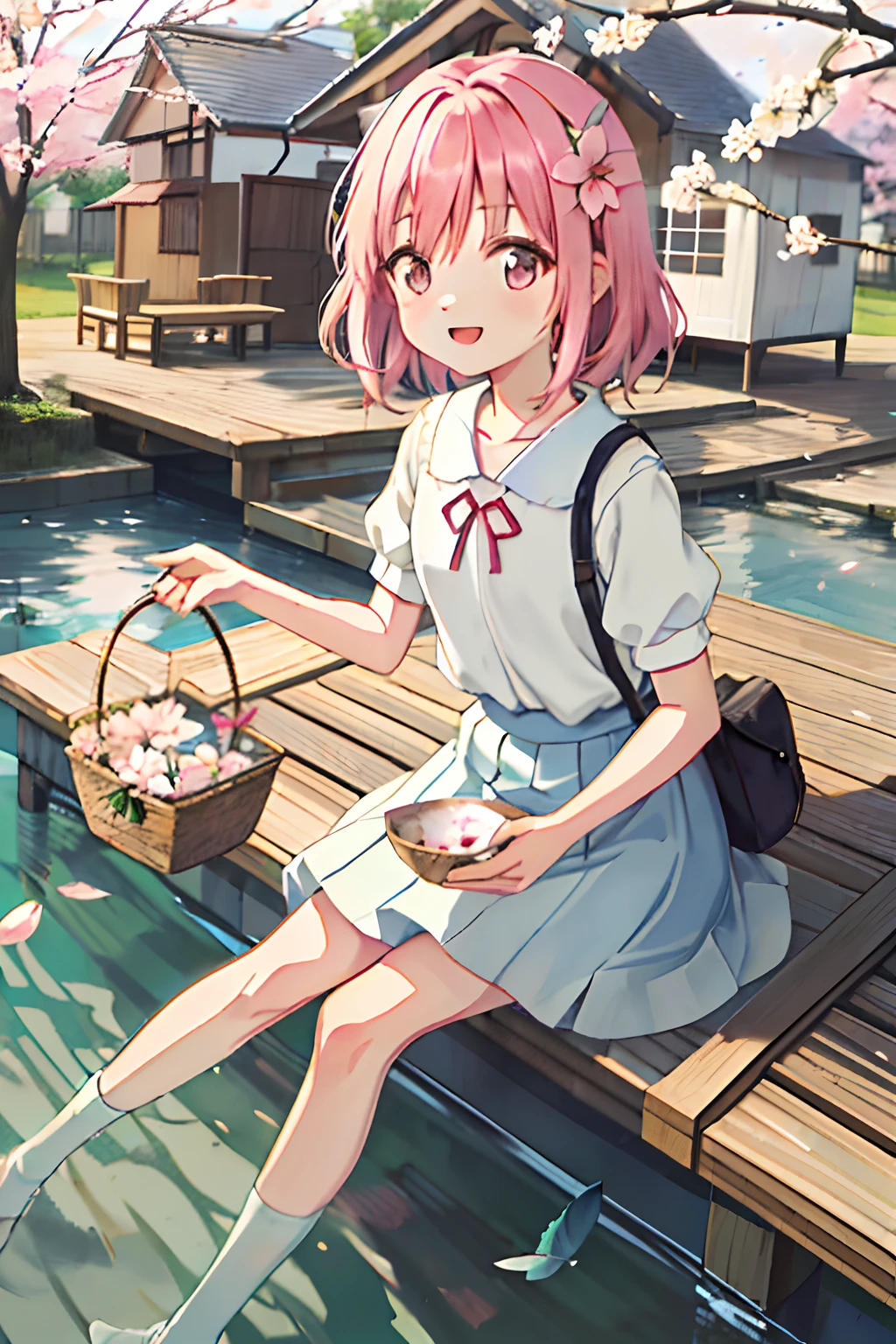 Vibrant, Fresh, Delicate, Soft, Pastel, Spring, River, Clear, Blossom, Sakura, Petals, Flowers, Cats, Curry Rice, Pond, Fish, Sakura Trees, Girl, Long Hair, Graceful, Youthful, Delicate, Soft, Spring Dress, Sakura Hairpin, Sakura Tea, Sakura Umbrella, Flower Basket, Feeding Fish, Sitting, Smiling, Holding an Umbrella, Spring Story, Whisper of the Heart, My Neighbor Totoro, Kiki's Delivery Service, Pastel, Soft, Blossoming, Serene, Clear Waters, Sakura Petals