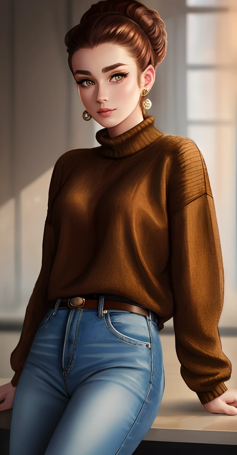 8k portrait of beautiful cyborg with brown hair, (photorealistic), (realistic), analog style, 1girl, solo, 18 years old, Maiden style, (looks like audreyHepburn), (sweet smile:0.8), (freckles:0.7), sweater, jeans,