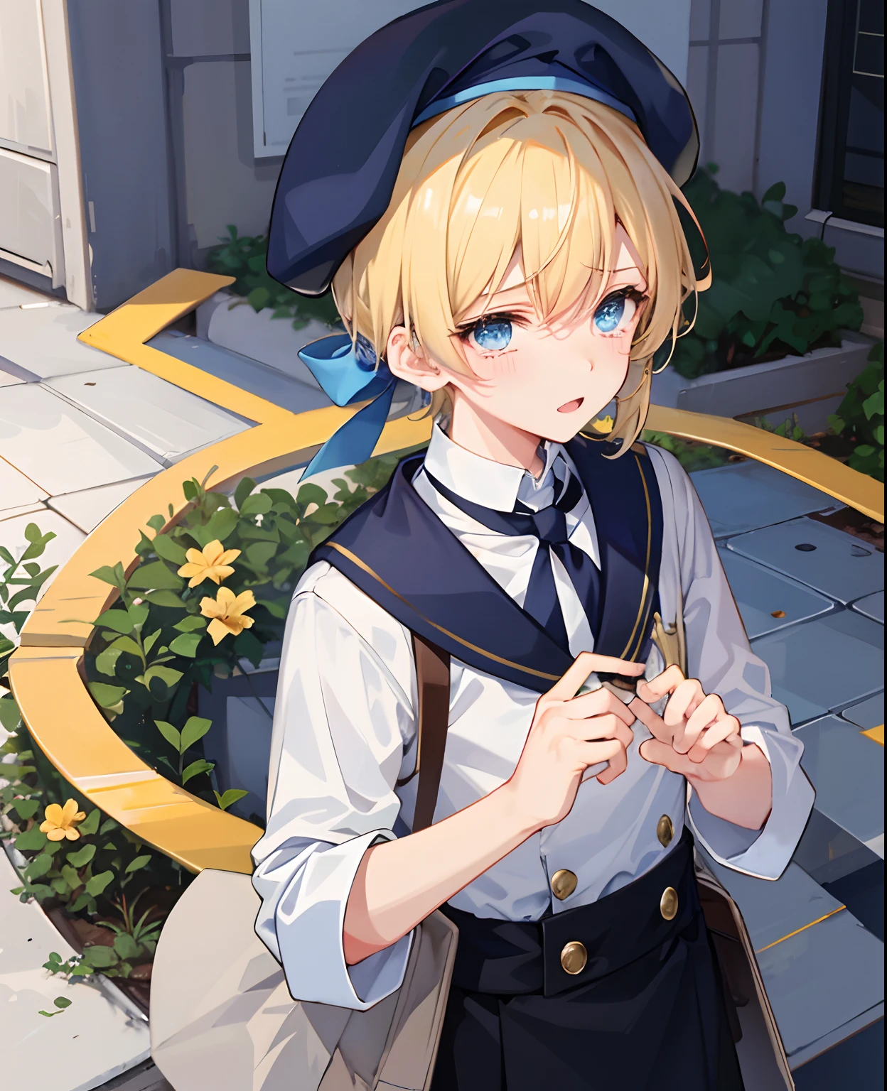 1boy,Blonde, cute, pretty boy, crying, beret