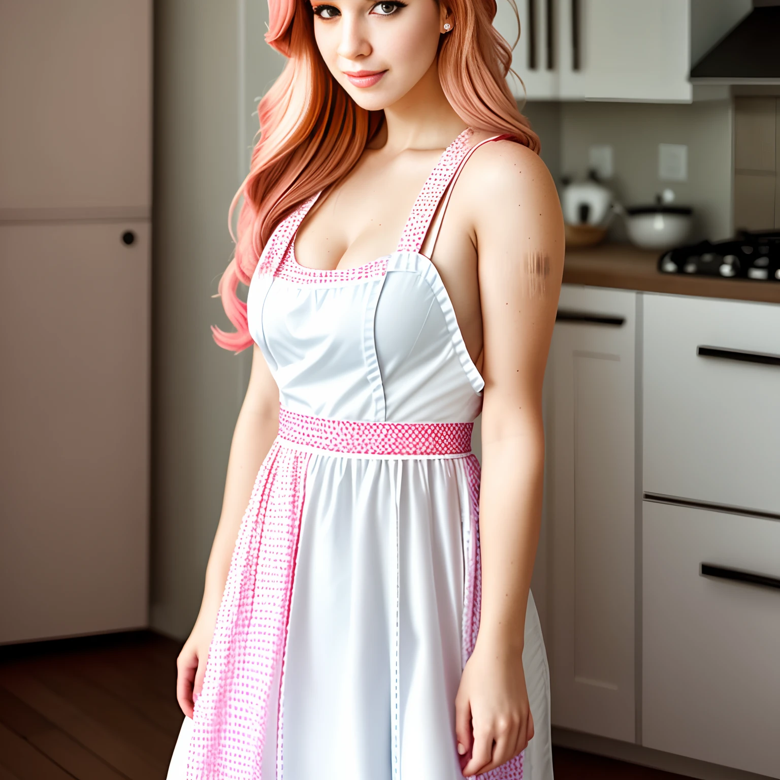 a closeup portrait of a playful maid, undercut hair, apron, amazing body, pronounced feminine feature, busty, kitchen, [ash blonde | ginger | pink hair], freckles, flirting with camera