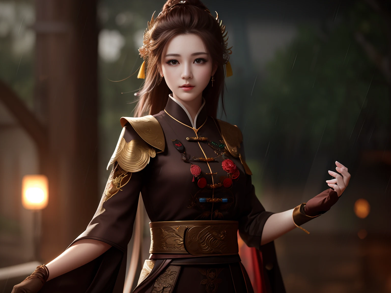 masterpiece,extremely detailed CG unity 8k wallpaper,1girl, beautiful, realistic, blurry, blurry_background, blurry_foreground, brown_hair, depth_of_field,beautiful face, chinese clothes, gloves, long pants,torrential rain,forest,