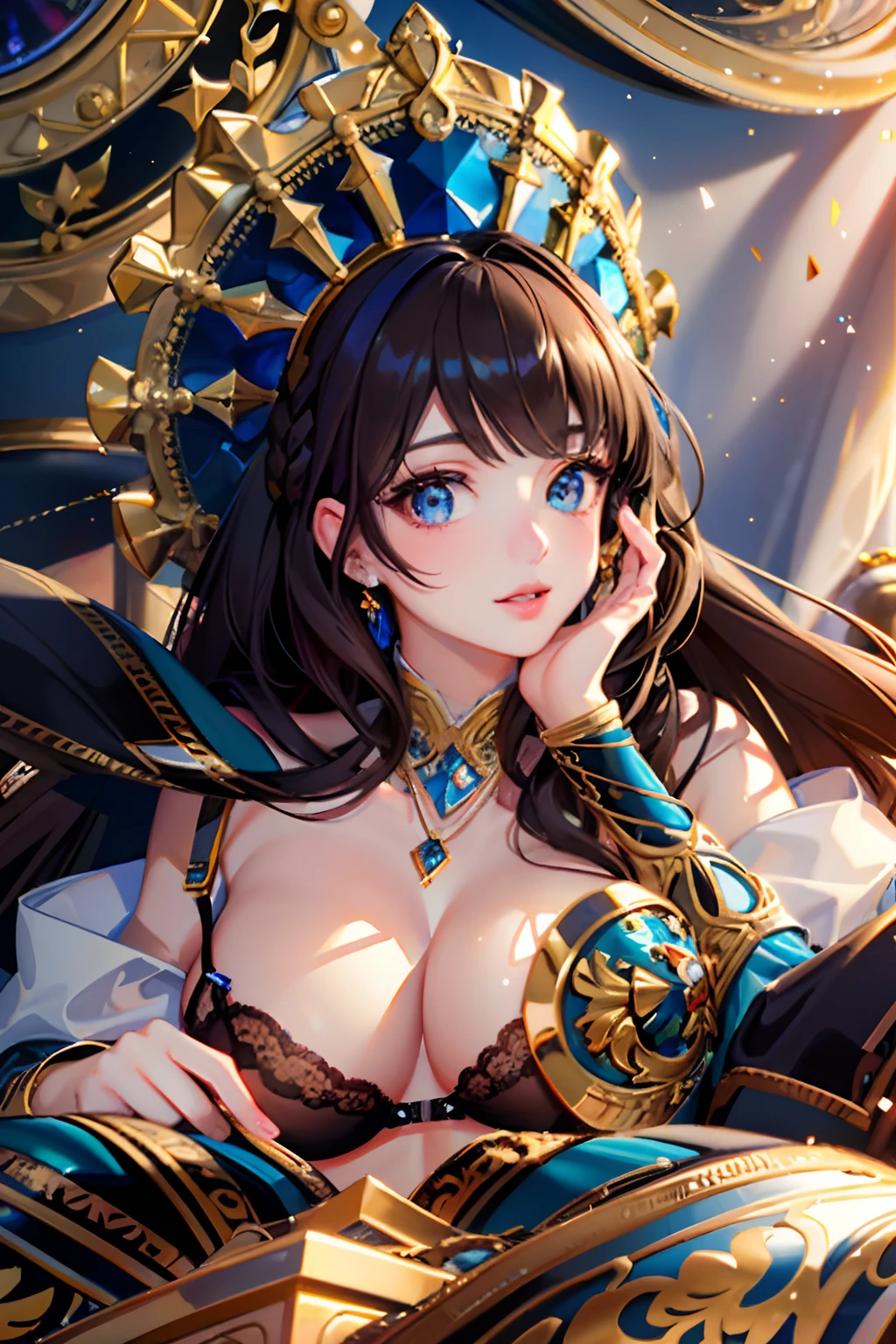 (masterpiece:1.3),( beautiful:1.2),(high quality:1.2),(finely detailed:1.2),(beautiful eyes:1.5),portrait,realistic, 3d face, (glowing eyes:1.1),shiny hair, lustrous skin, solo, embarassed, midriff,brown hair,blue eyes,braided hair, blunt bangs,(lingerie:1.3),full body,